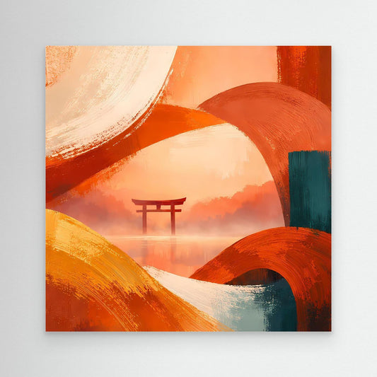 Leinwandbild mit abstraktem Torii-Tor in Orange, Türkis und Weiß, ohne sichtbaren Rahmen.