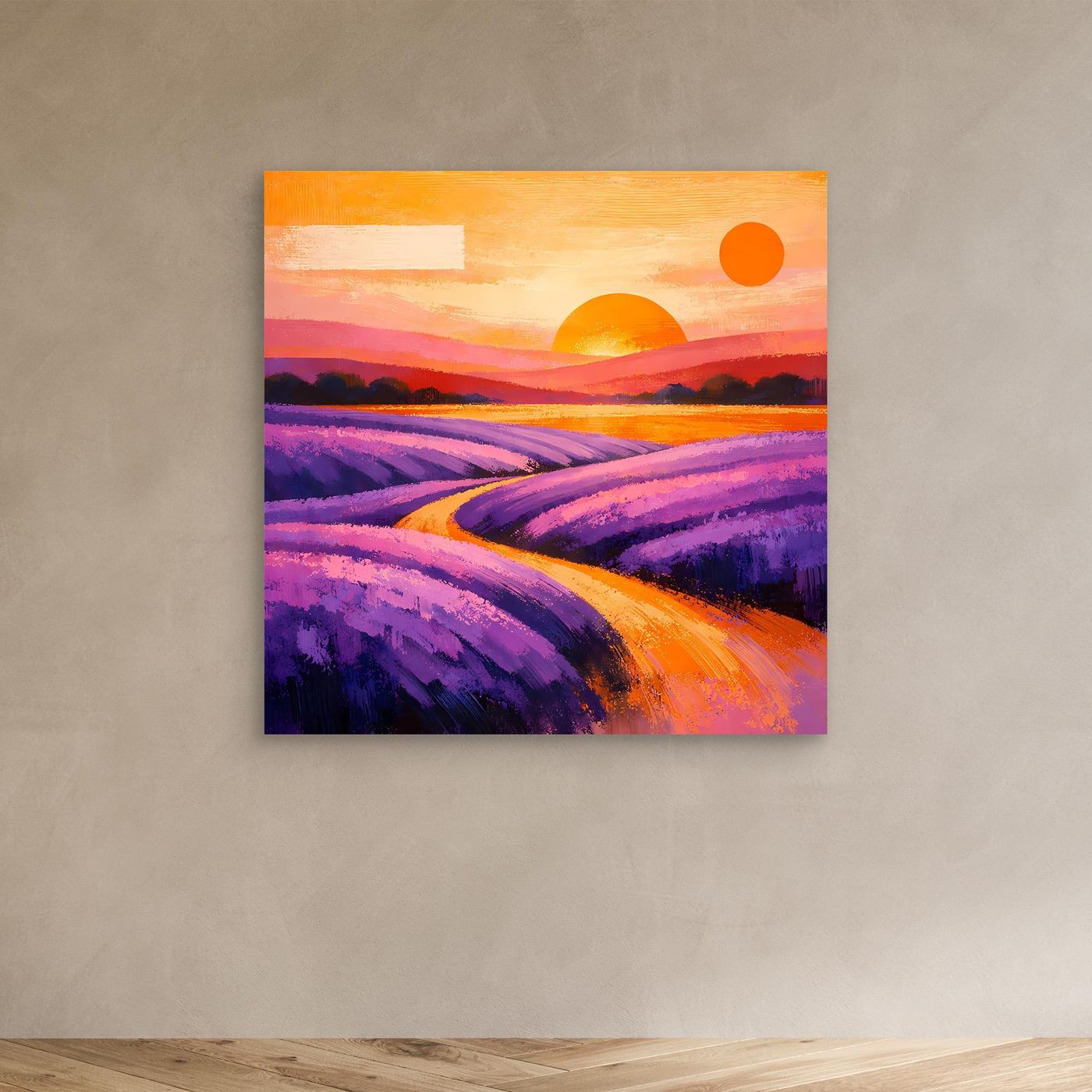 Leinwandbild mit abstraktem Lavendelfeld, Provence-Landschaft in Lila und Orange (ohne Rahmen)