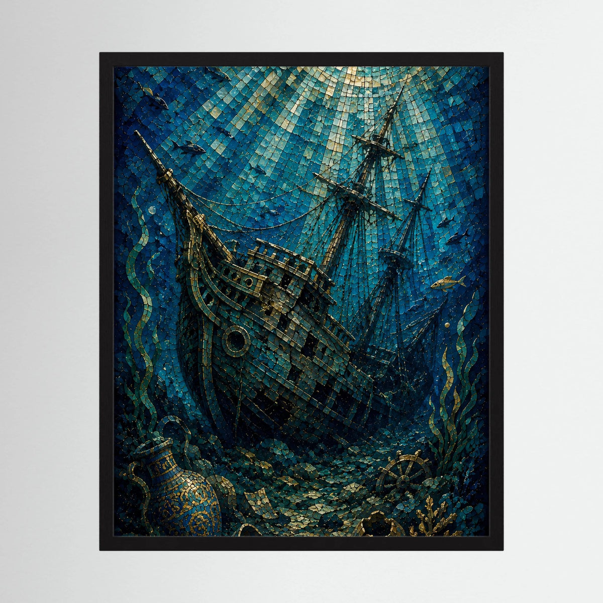 Poster mit versunkenem Segelschiff im Mosaikstil, im schwarzen Rahmen