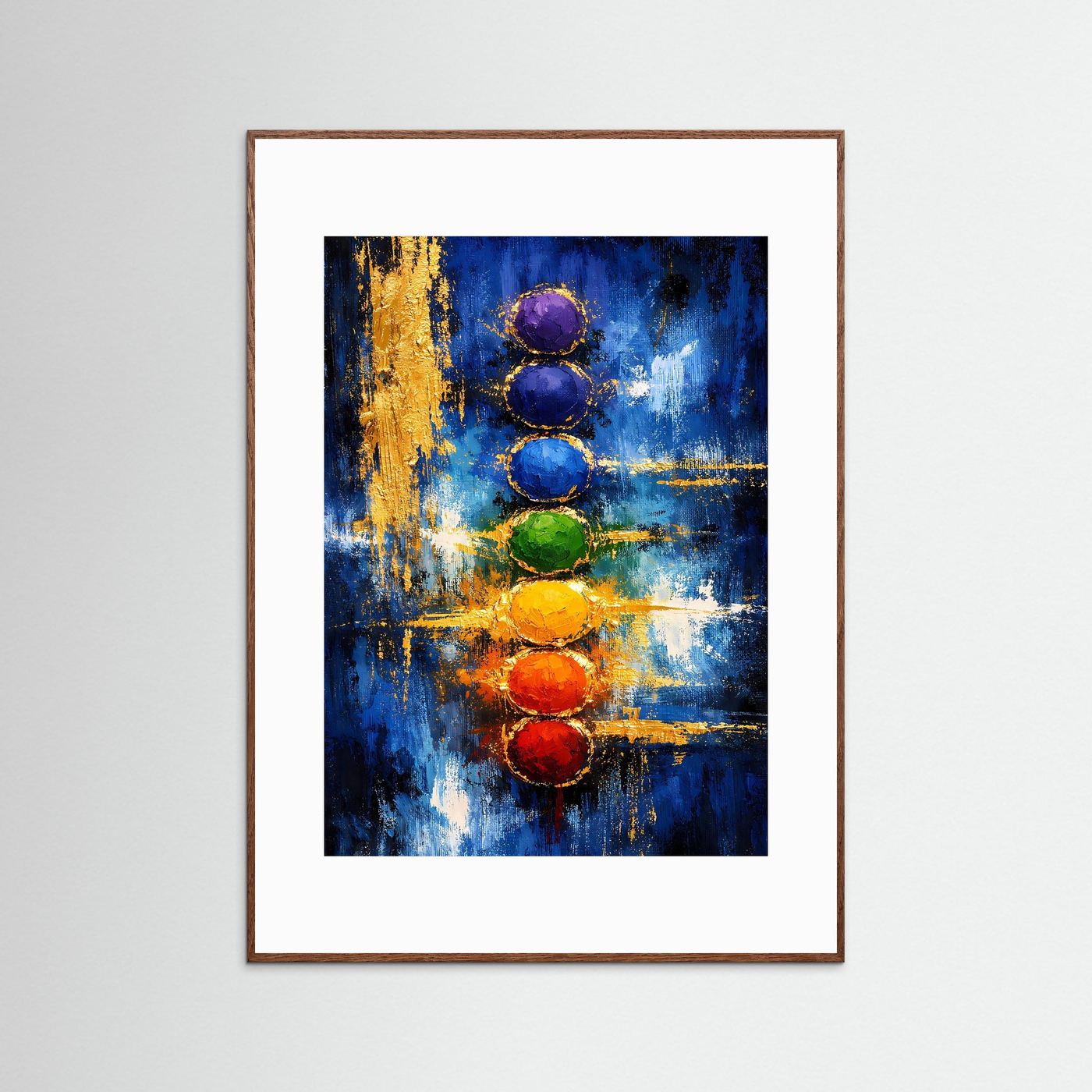 Chakra-Kunstposter im Hochformat mit abstrakten Chakra-Kreisen, braunem Rahmen