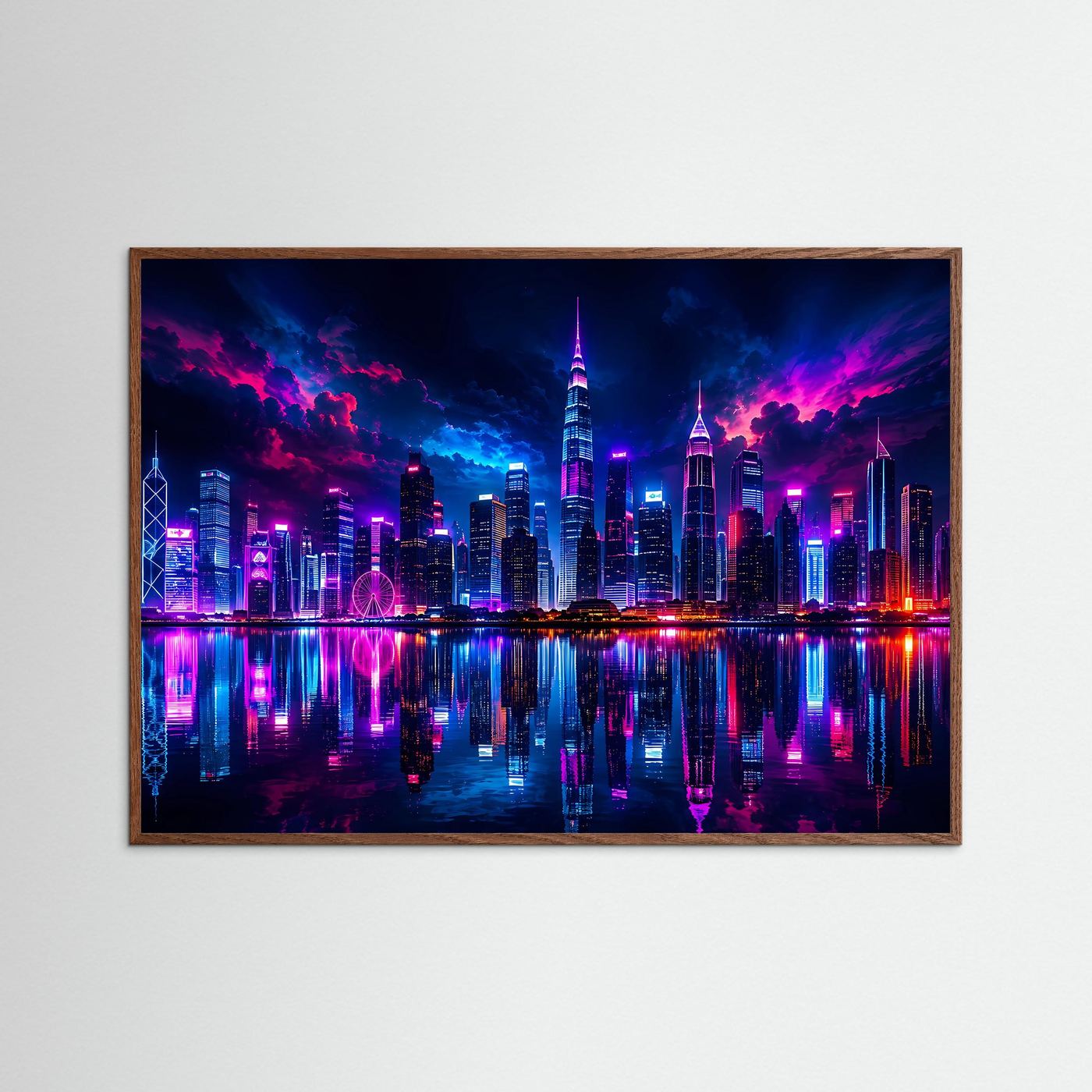 Neon Skyline bei Nacht | Futuristische City Wandbild in Pink & Blau