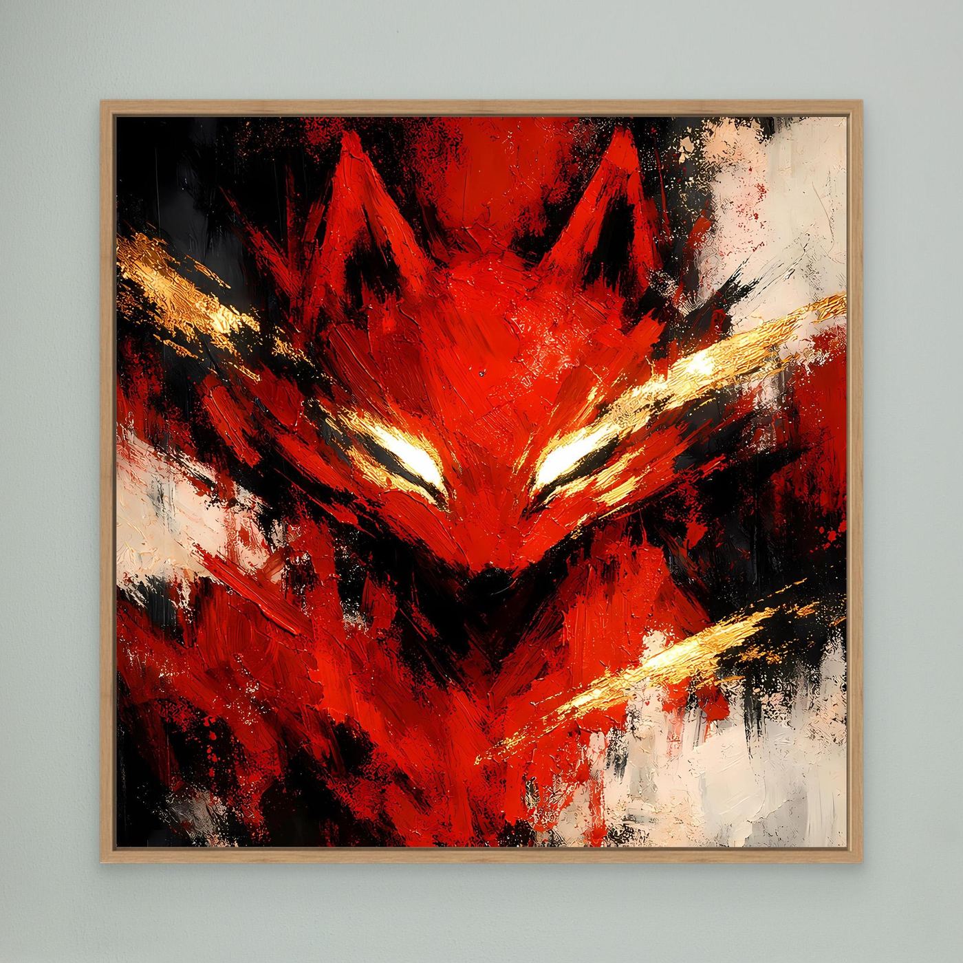 Leinwand Mystischer Kitsune Fuchs in Rot | Abstraktes Japanisches Mythologie Wandbild