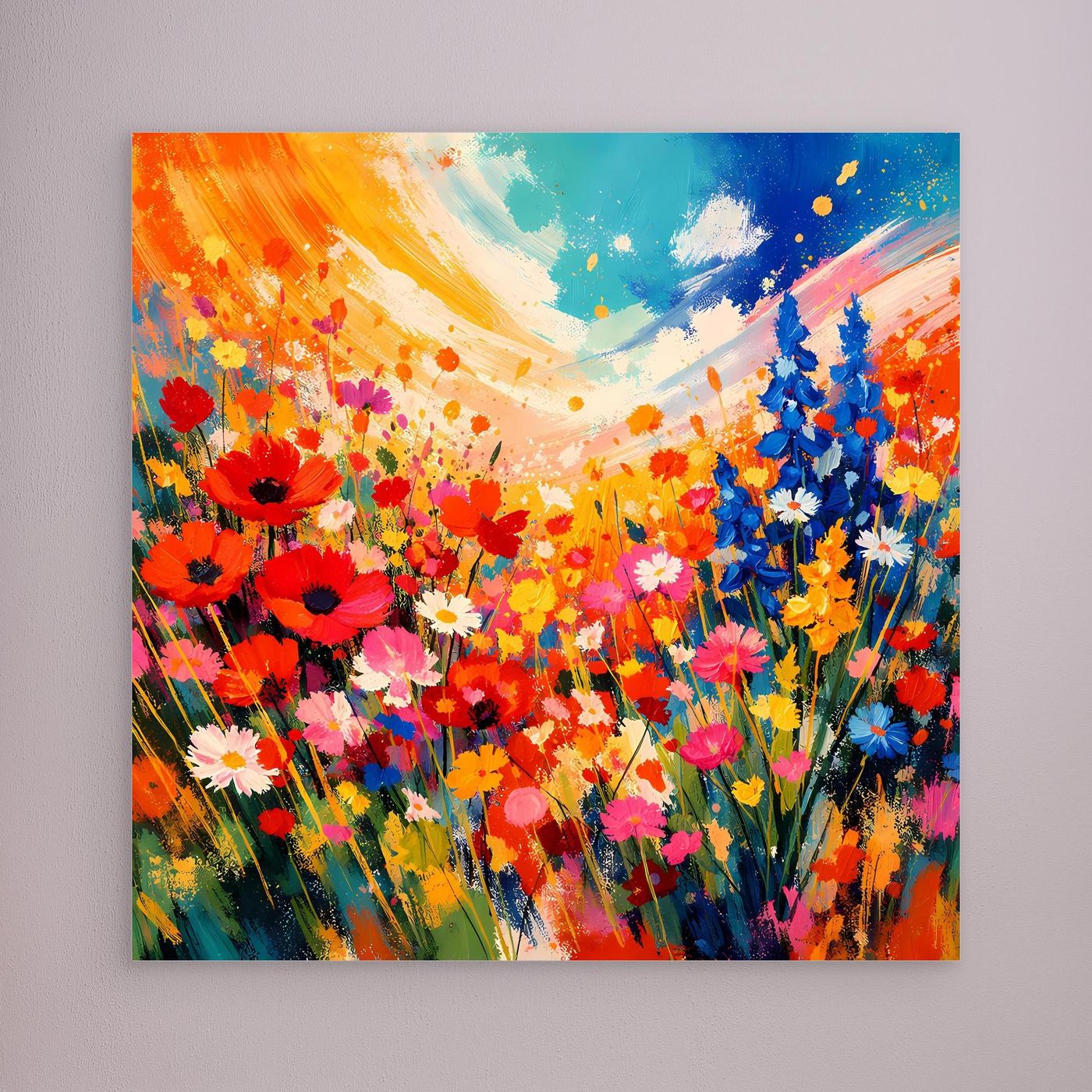 Leinwandbild mit farbenfrohem Blumenwiesen-Motiv, brauner Rahmen, abstrakte Blüten