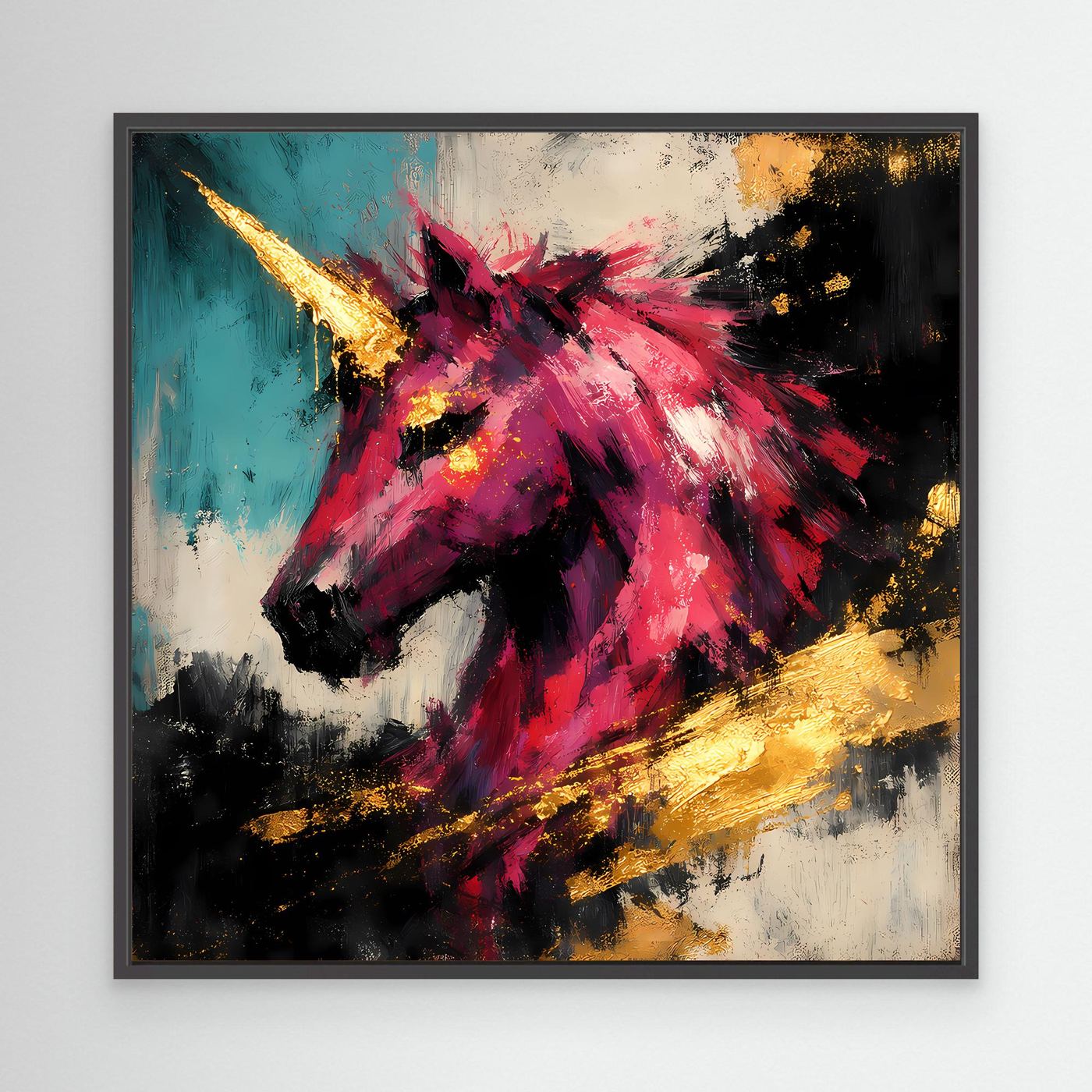 Leinwand-Einhornbild mit pinkem Motiv und goldenen Akzenten, türkis-schwarz, schwarz gerahmt