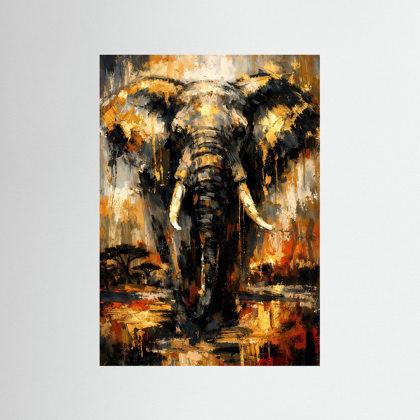 Elefanten-Poster mit abstrakter Tierdarstellung in Schwarz, Gold und Ockertönen, Hochformat
