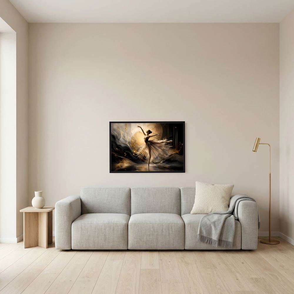 Poster Querformat mit tanzender Ballerina: schwarz, Creme und Gold, schwarzer Rahmen