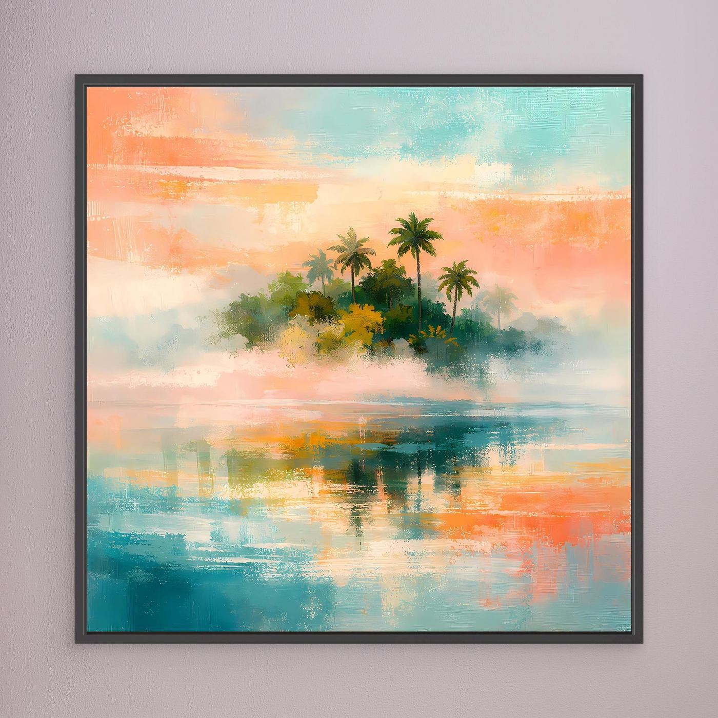Abstraktes Leinwand-Wandbild: Palmen und Meerlandschaft in Pastell, dunkel gerahmt