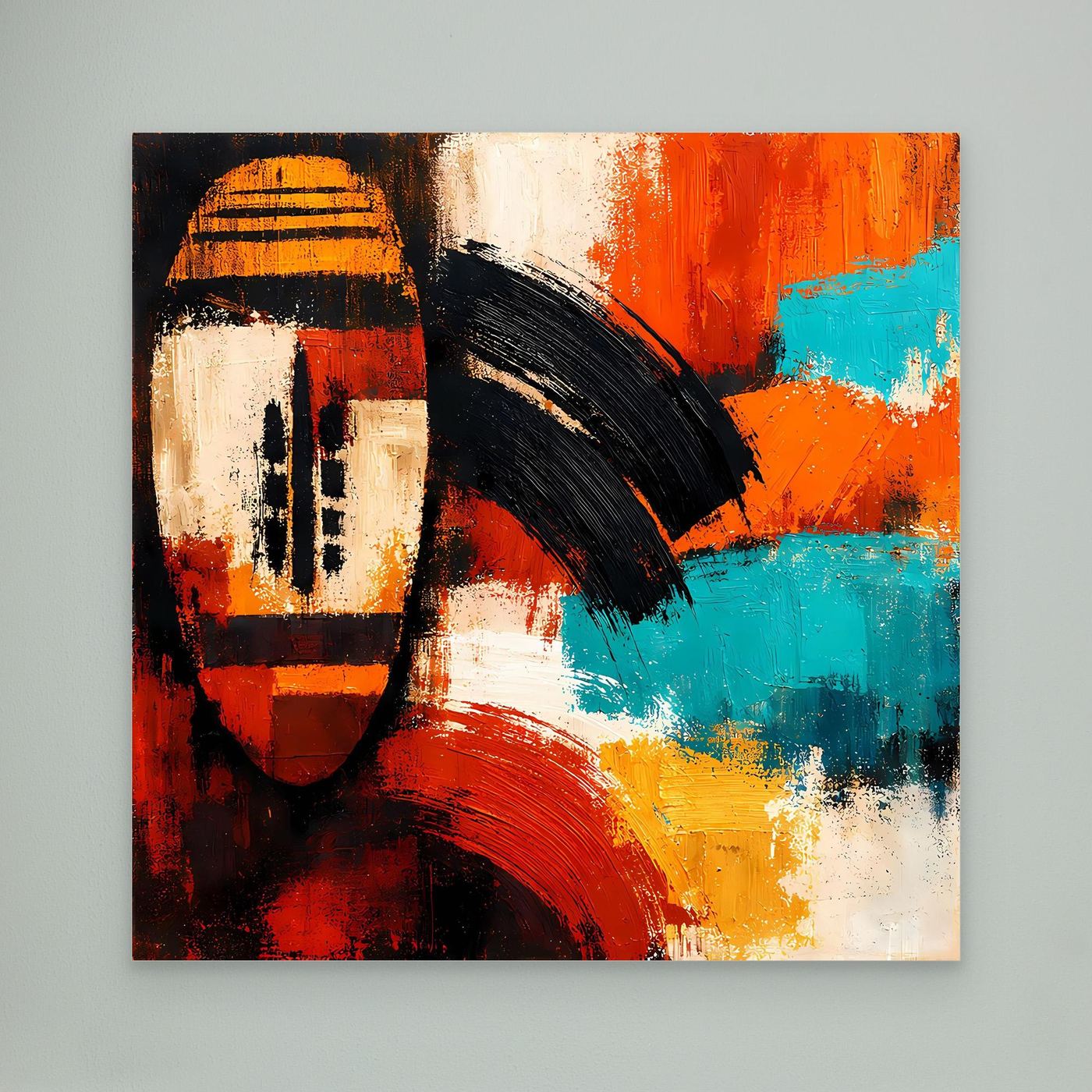 Abstract canvas wall art of an African mask in red, orange, teal and white tones