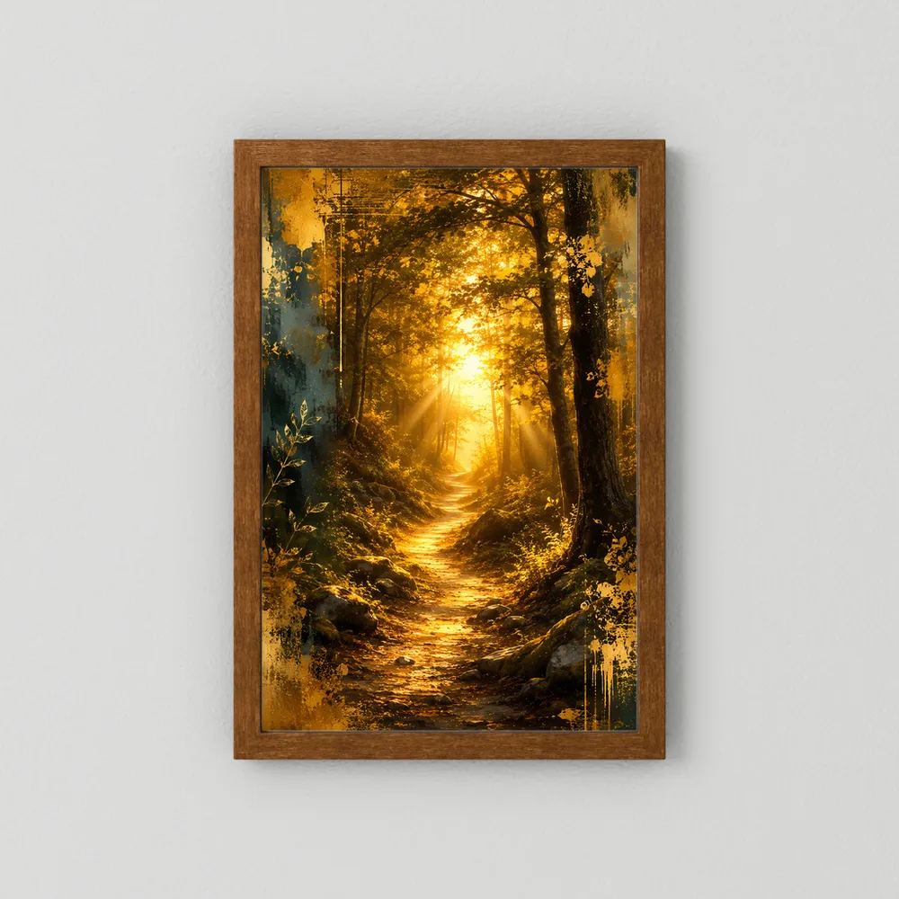 Wandposter Waldweg mit Sonnenlicht, heller brauner Holzrahmen