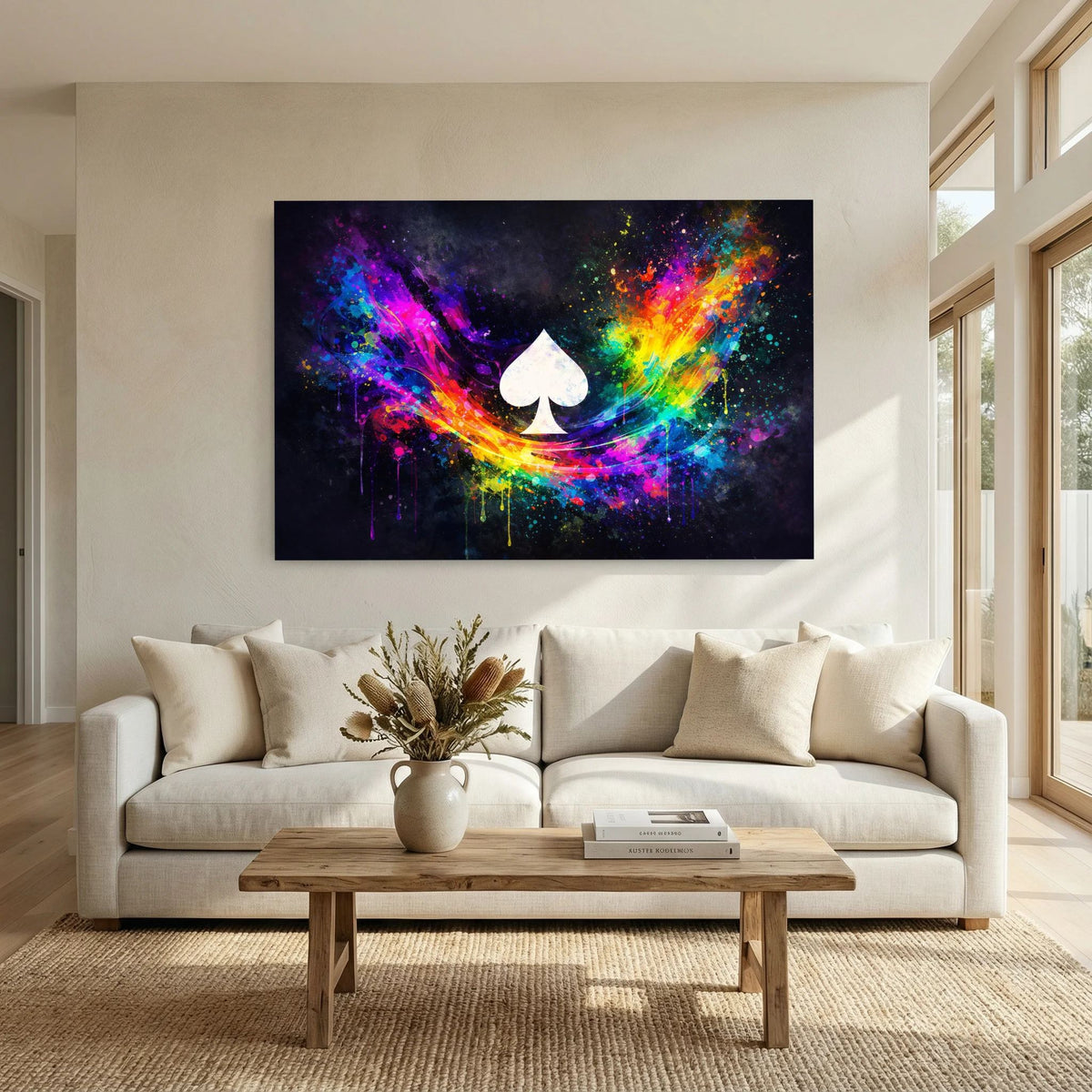 Wandbild Querformat mit farbenfrohem Neon-Aquarell und weißem Pik-Symbol in der Mitte.