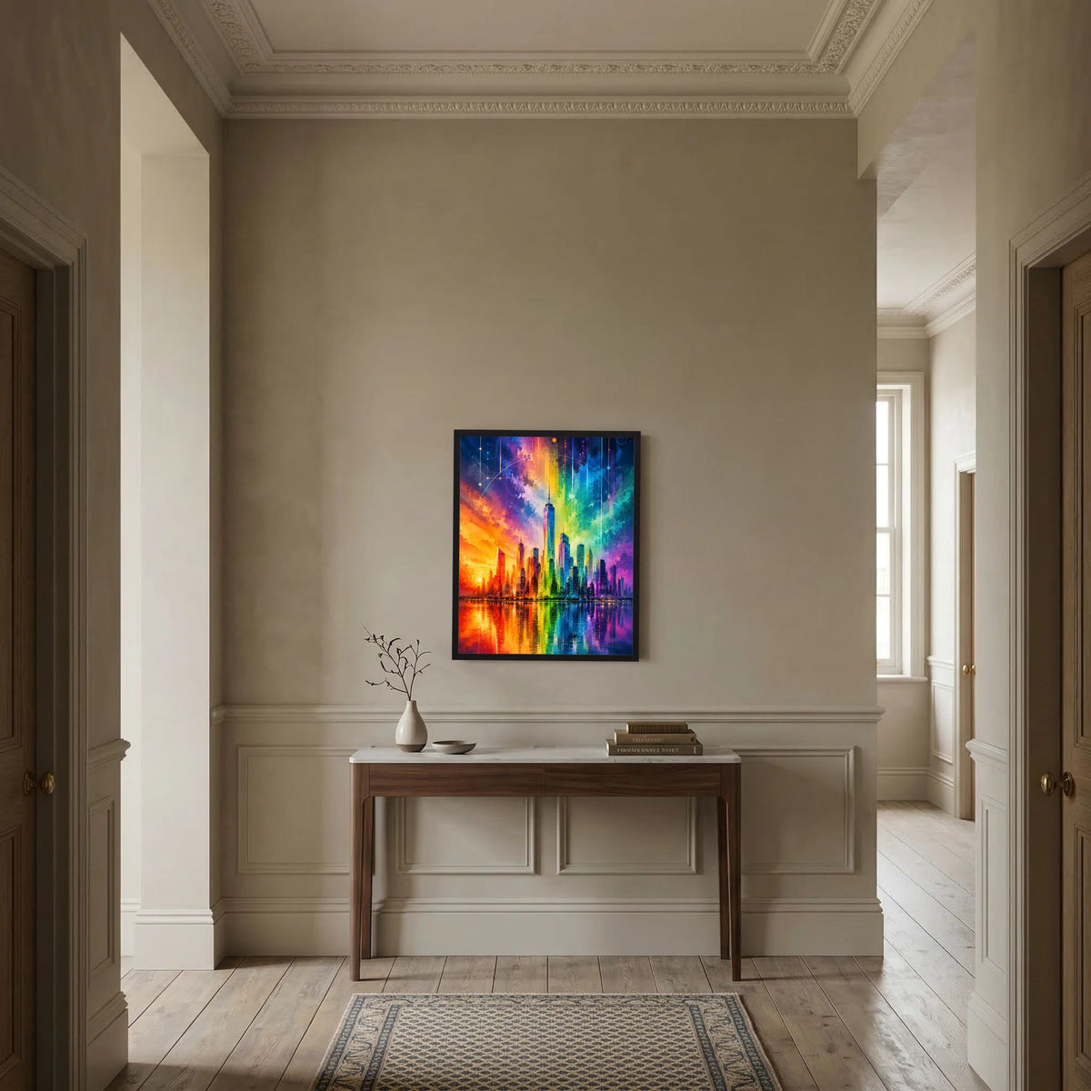 Gerahmtes Stadtposter mit abstrakter Regenbogen-Skyline, leuchtender Farbverlauf über der Skyline