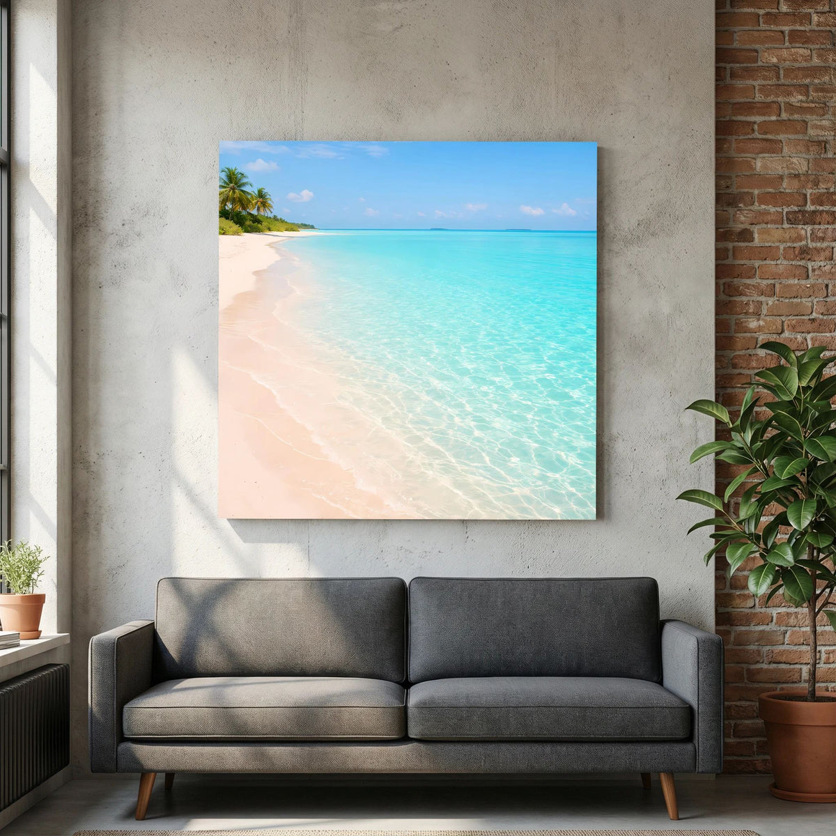 Leinwandbild: Strand mit türkisfarbenem Wasser, hellem Sand und Palme im Bildrand