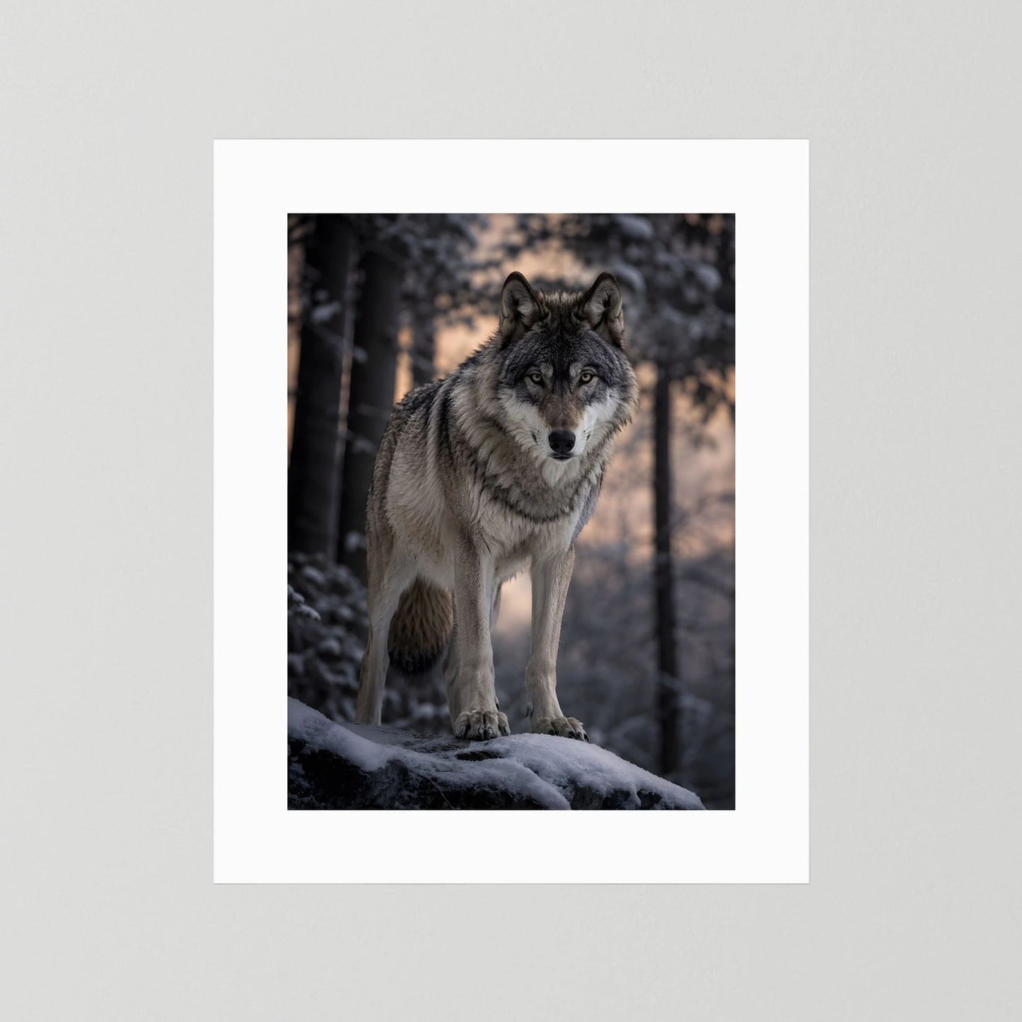 Wolf-Porträtposter im Hochformat, Grauwolf im Schnee, ohne Rahmen mit weißem Rand