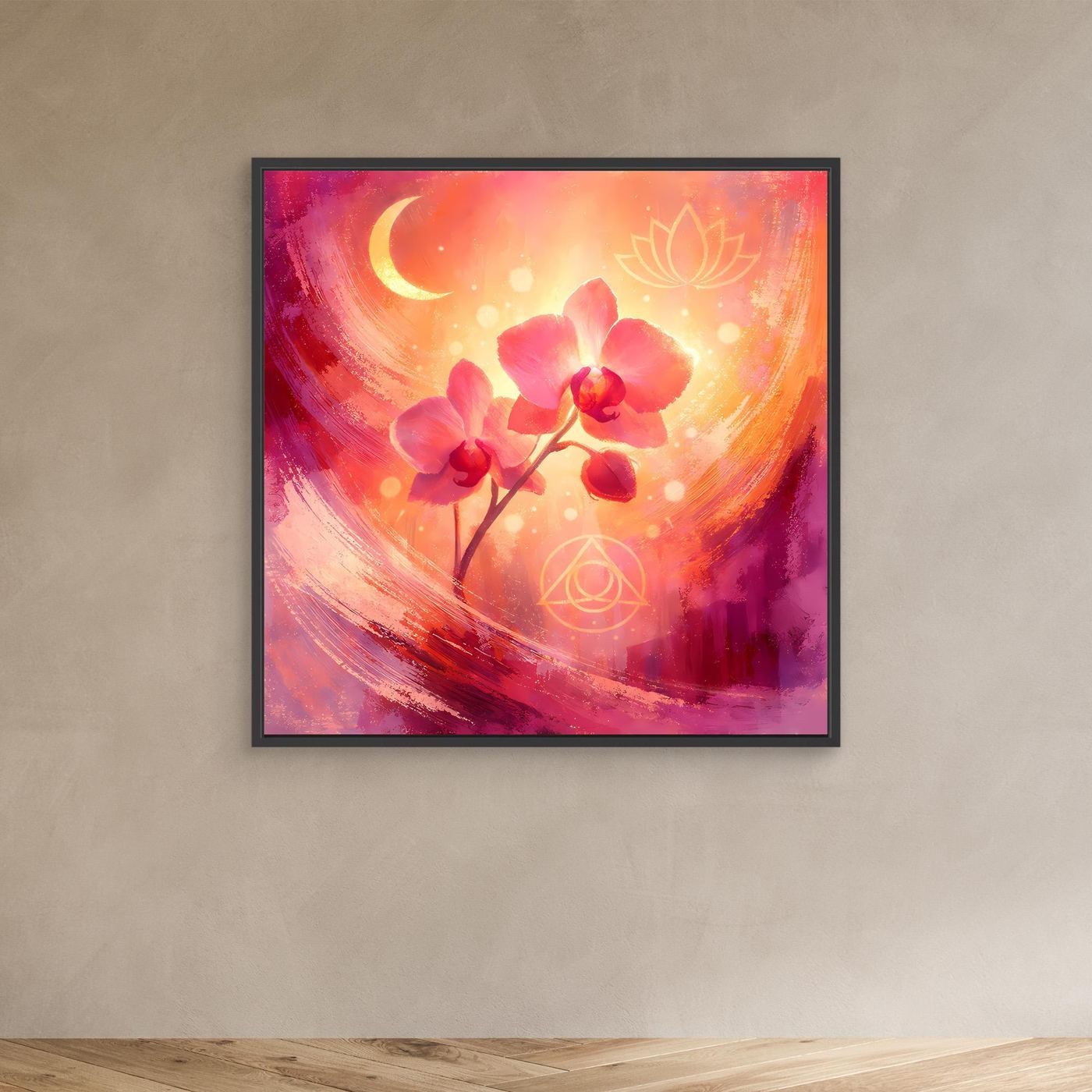 Abstraktes Leinwand-Wandbild mit Orchideenblüten, Mond und Lotus-Symbolen, schwarzer Rahmen