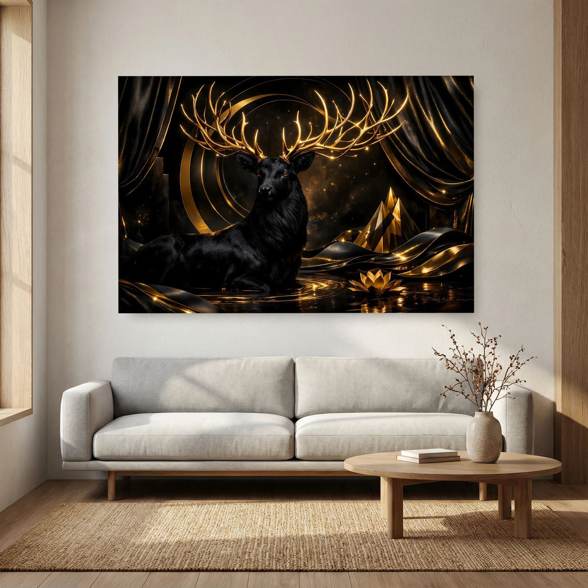 Wandposter mit schwarzem Hirsch im Vordergrund und goldenem Geweih, dramatische Lichteffekte