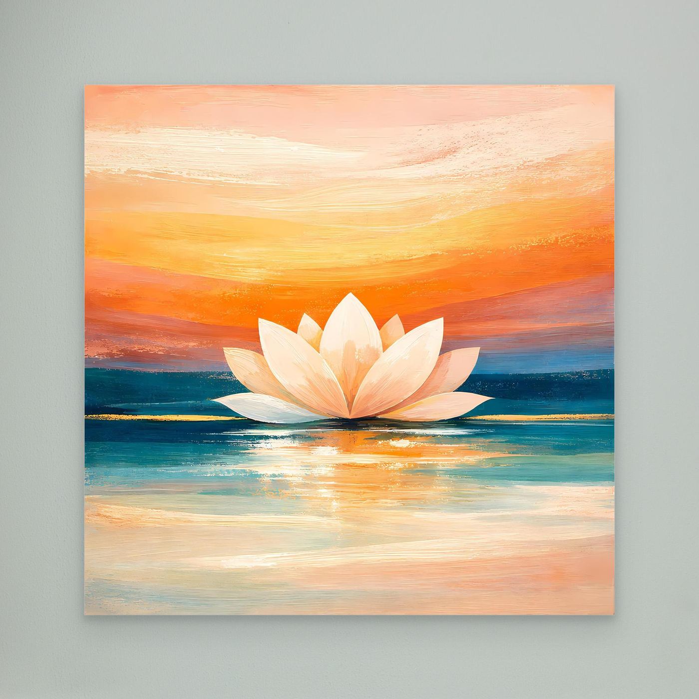 Leinwandbild mit Lotusblüte und abstraktem Sonnenuntergang, Spiegelung auf der Wasseroberfläche