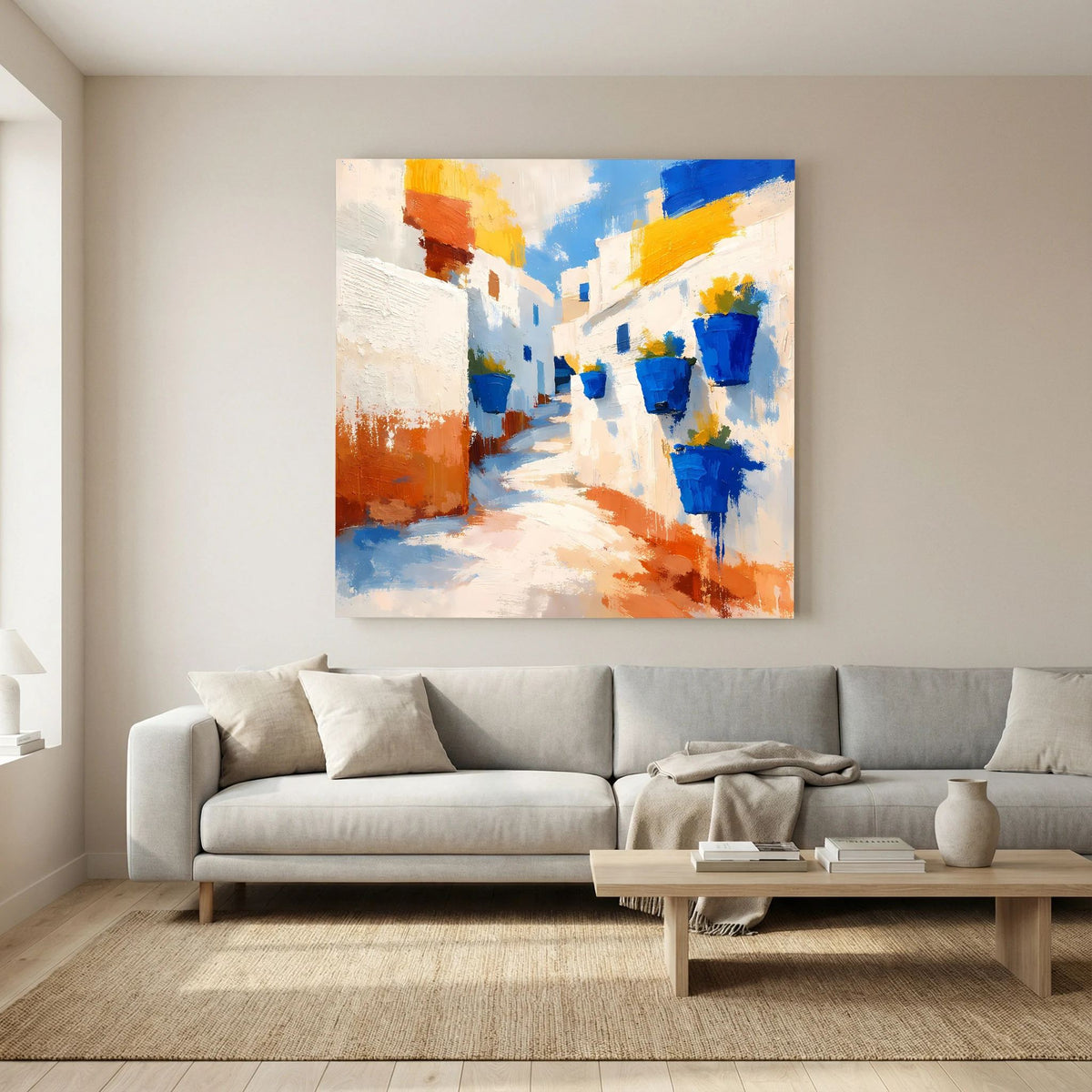 Leinwand-Wandbild: abstrakte Küstengasse mit blauen Töpfen und orangefarbenen Wänden