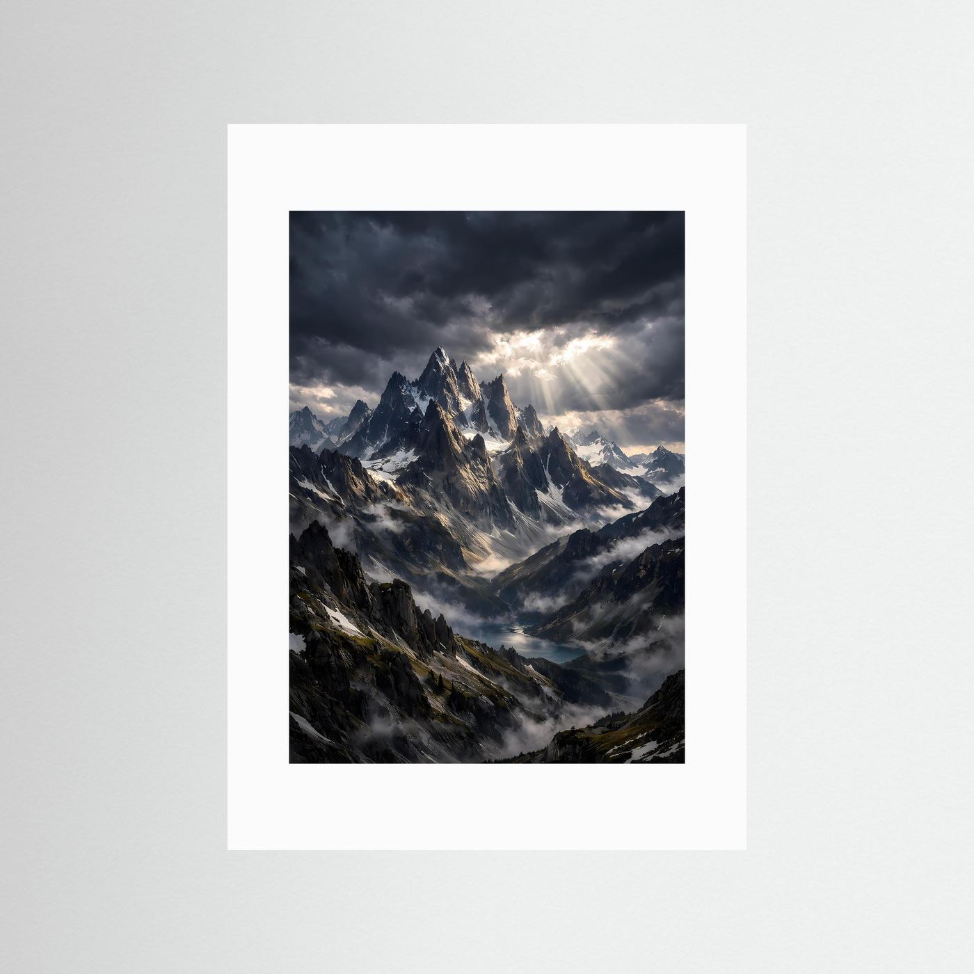 Bergsee-Wandposter im Hochformat, mit weißem Passepartout und grauem Rahmen