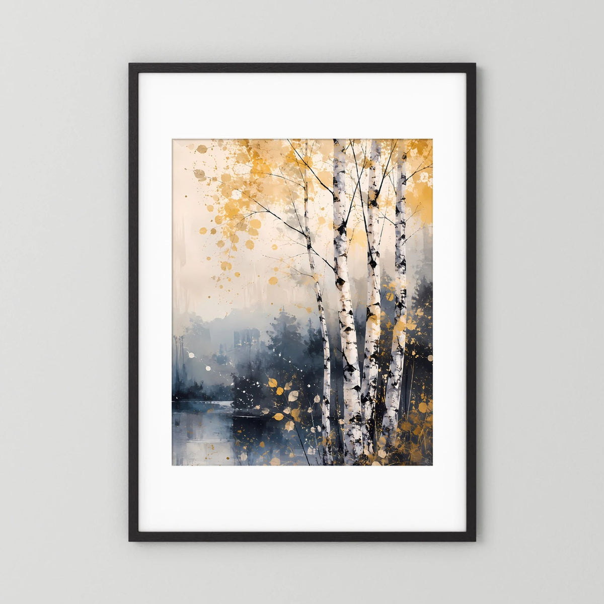 Poster im Hochformat mit abstrakten Birken am See, goldene Farbflecken, schwarzer Rahmen