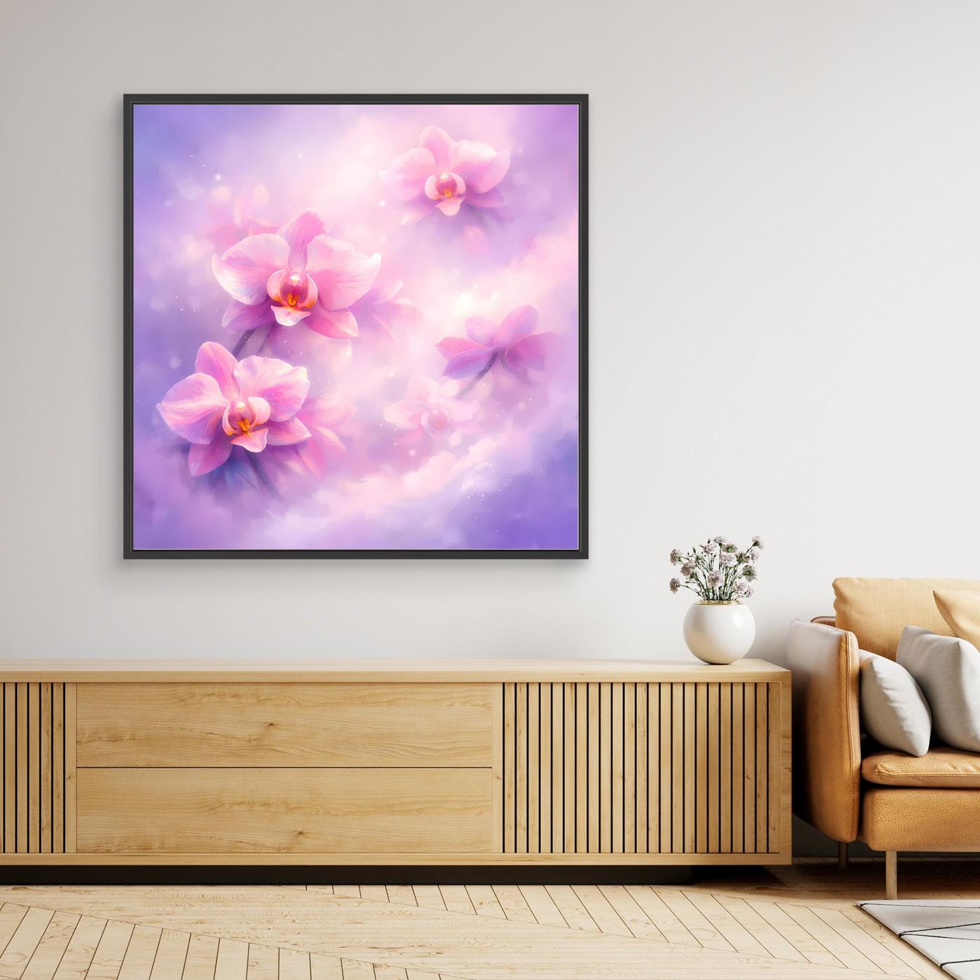 Leinwandbild mit pastellfarbenen Orchideen, schwarz gerahmt