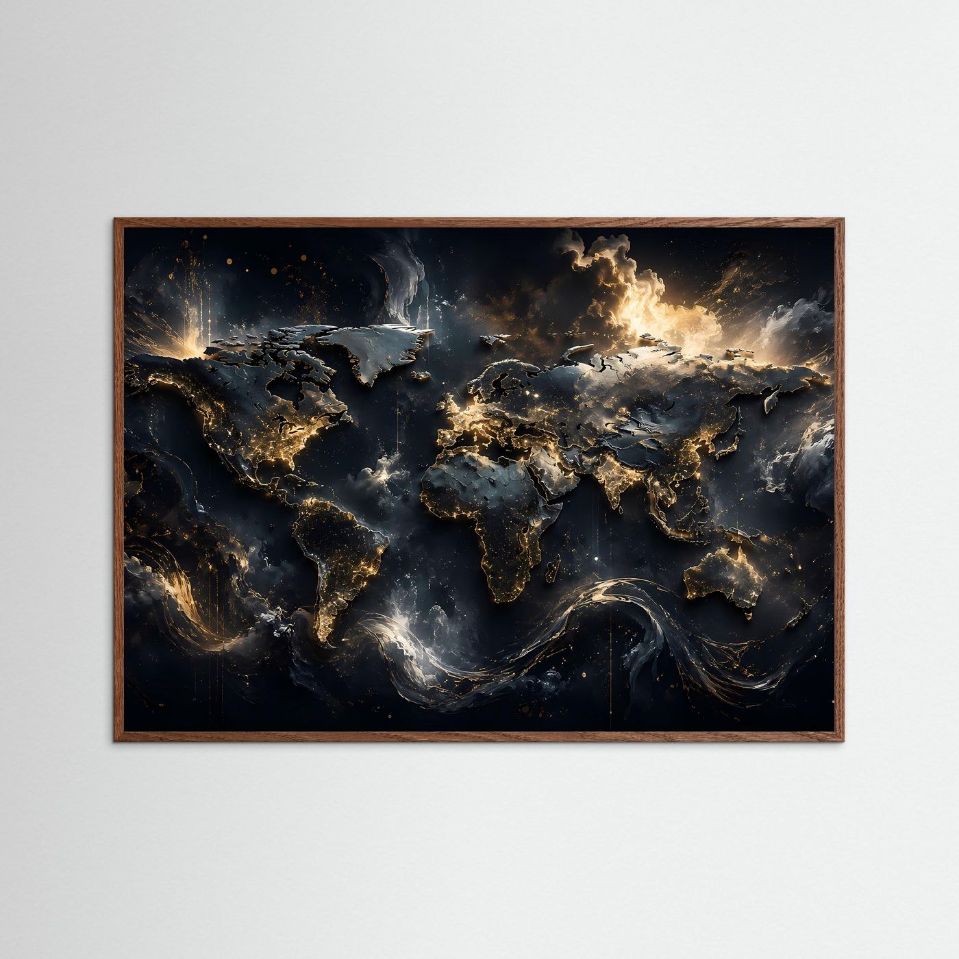 Weltkarte Gold Schwarz Poster | Moderne Weltkarte Wandbild | Luxus Fine Art | Abstrakte Landkarte | Panorama Leinwand