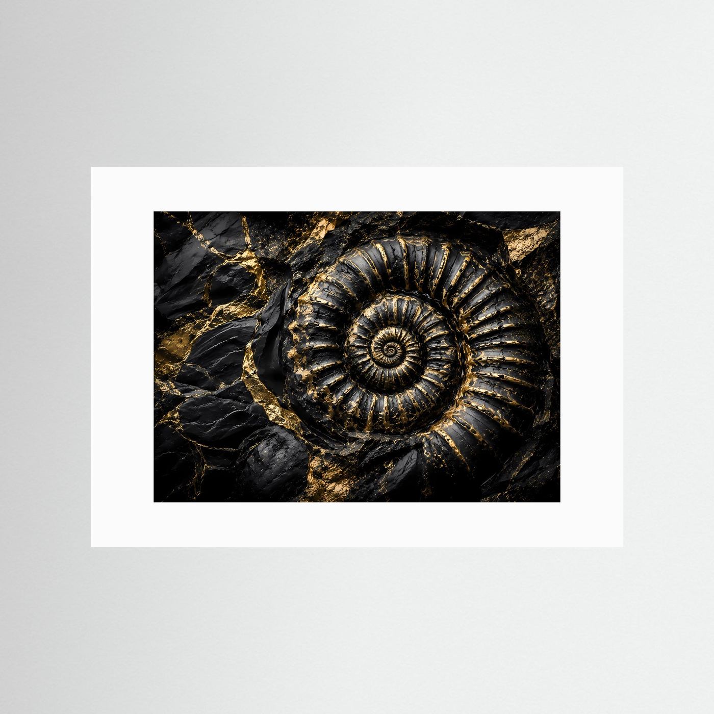 Ammonit Fossil Wandbild | Schwarz Gold Kunst | Geologie Poster | Luxus Leinwand | Prähistorische Natur Wanddeko | Moderne Wall Art