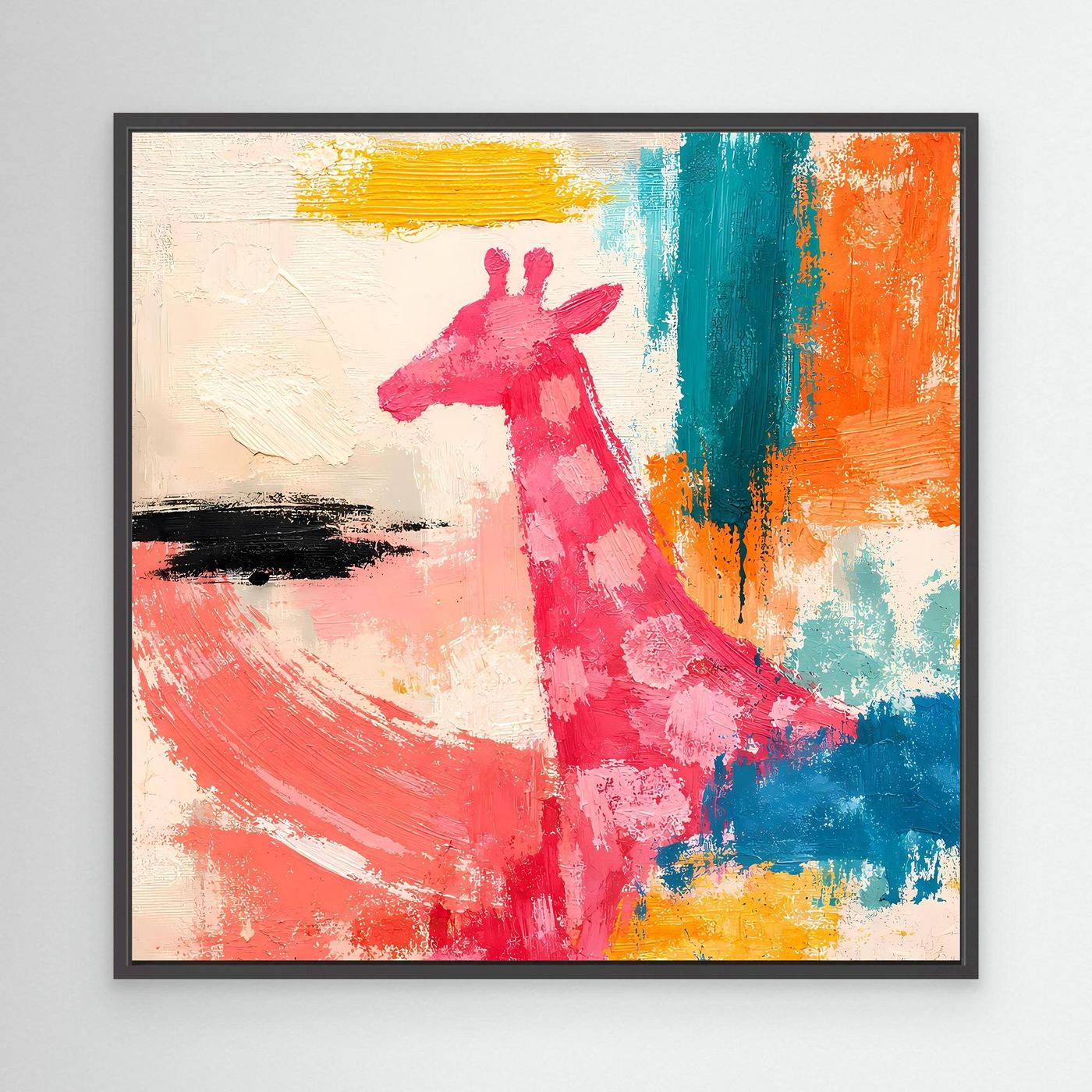 Leinwand-Wandbild mit abstrakter Giraffe im Pop-Art-Stil, pinke Figur mit schwarzem Rahmen
