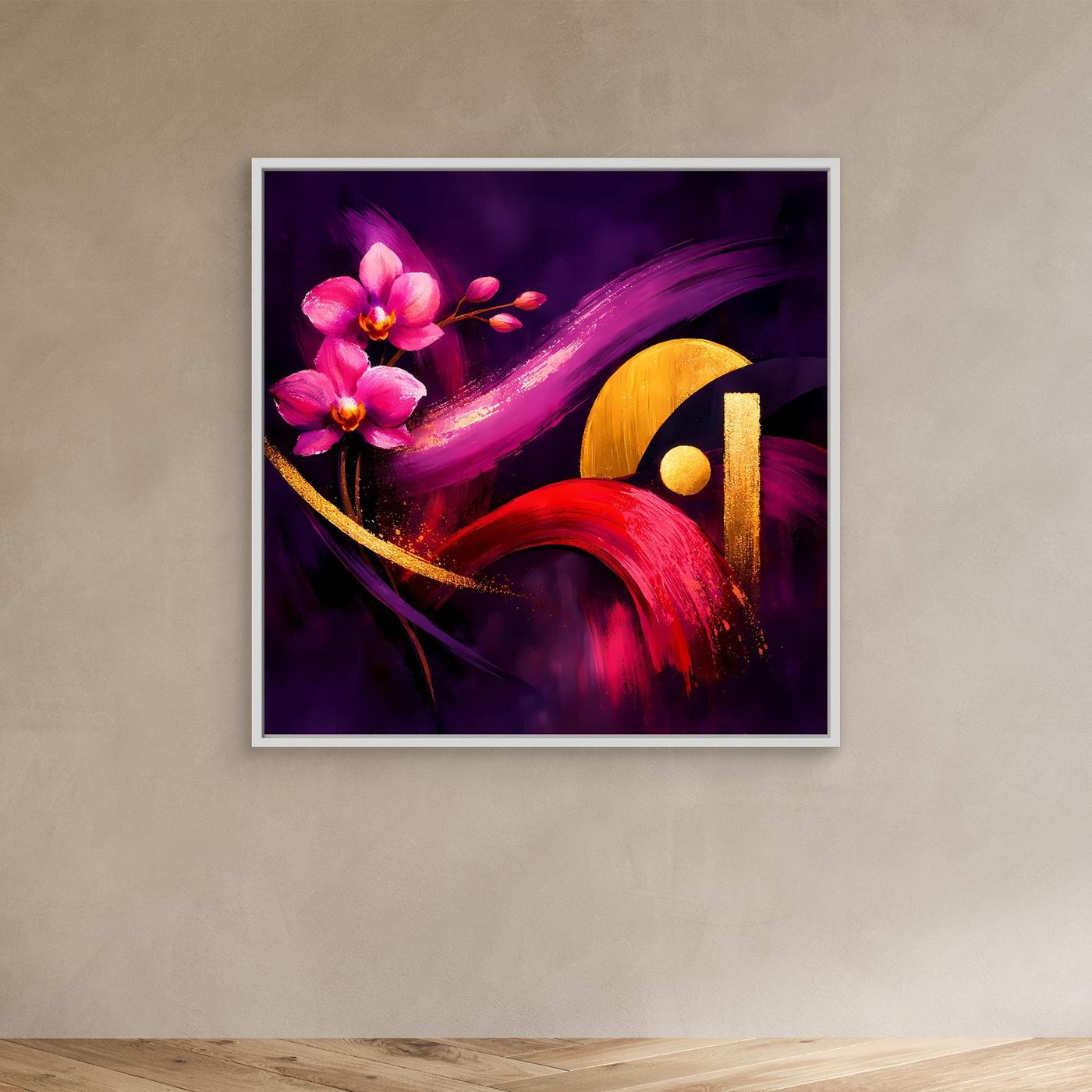Leinwandbild im weißen Rahmen mit Orchideen in Pink und goldenen Ornamenten auf dunklem Violett