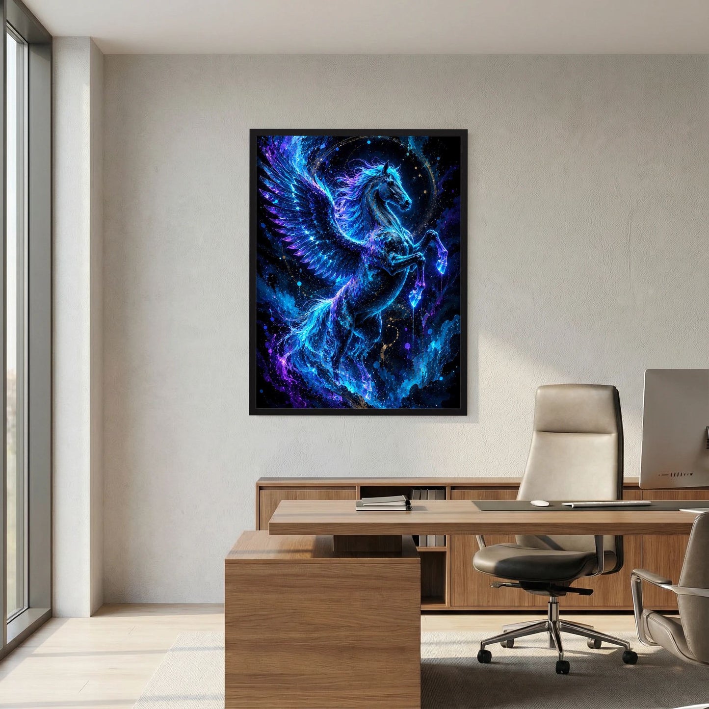Gerahmtes Poster mit blau leuchtendem Pegasus, Energiekringel und Sternspritzer