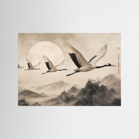 Querformat-Poster mit fliegenden Kranichen über Berglandschaft im Japan-Stil, beige