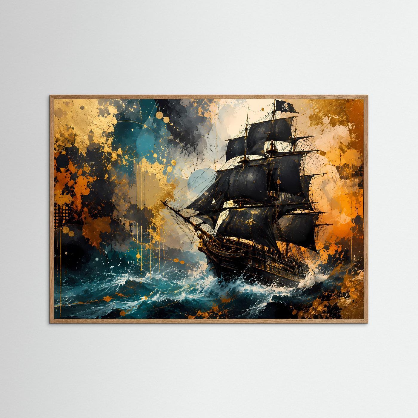 Historisches Segelschiff Poster Querformat | Abstrakte Maritime Wandkunst in Blau & Gold | Elegantes Piratenschiff Wandbild