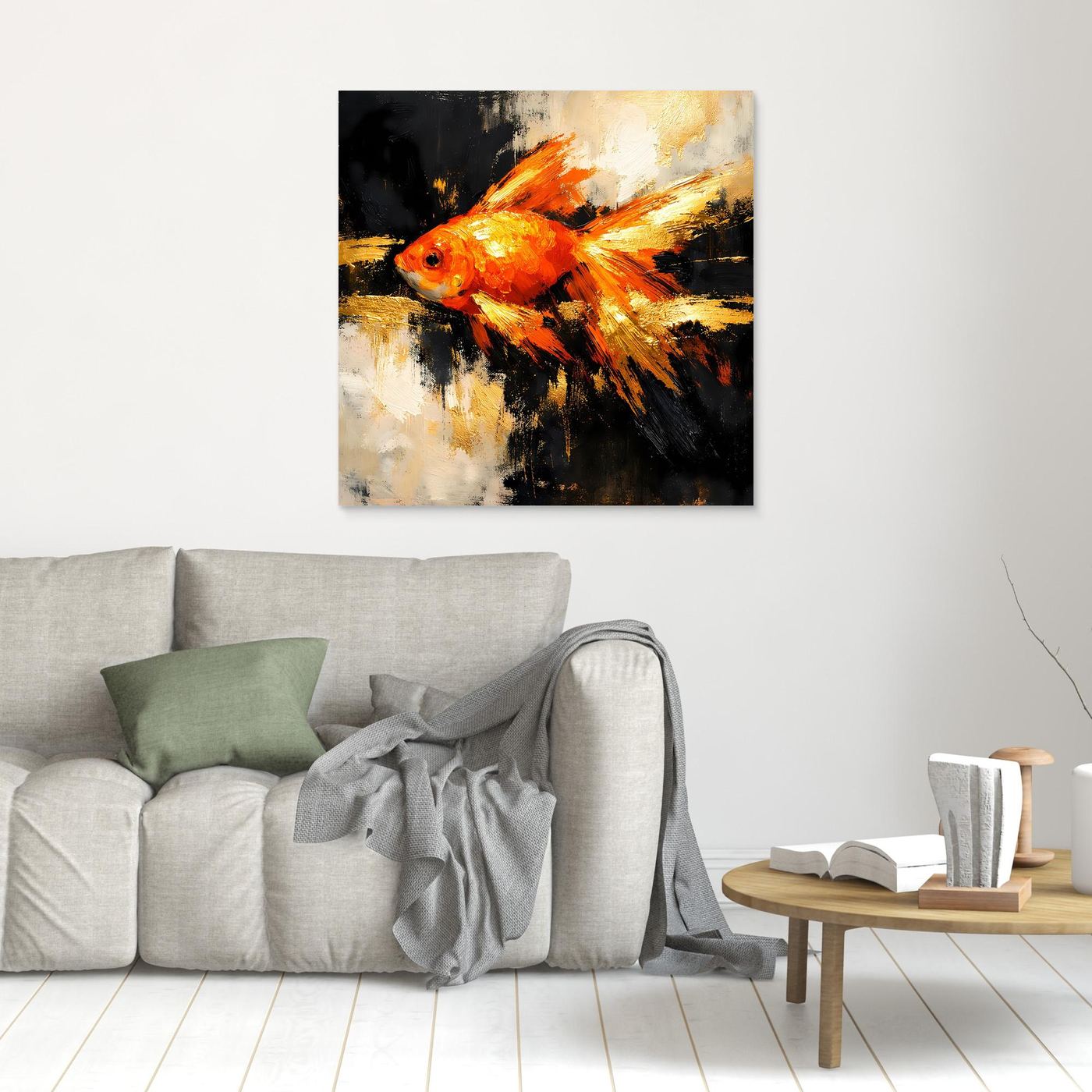 Leinwand Dynamischer Goldfisch in Orange und Gold | Abstraktes Tier Wandbild
