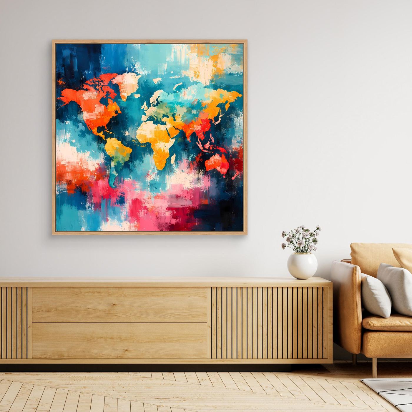 Framed abstract world map wall art with bright blue, orange, and pink palette