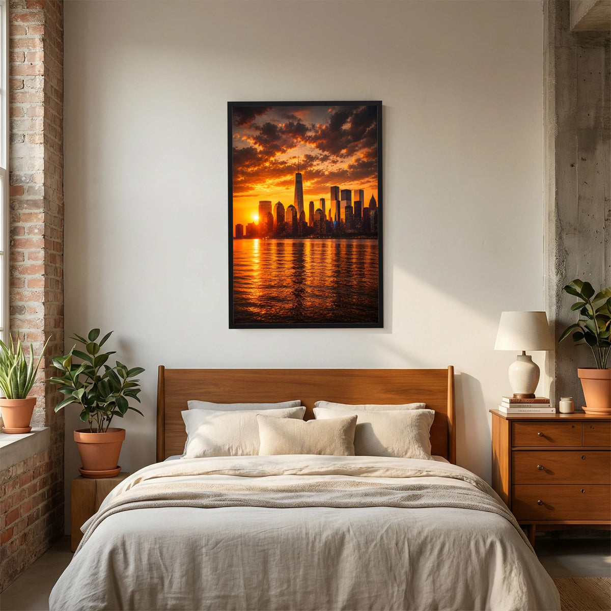 Hochformatiges Poster mit Skyline bei Sonnenuntergang über Wasser, orangefarbene Sonne, schwarzer Rahmen
