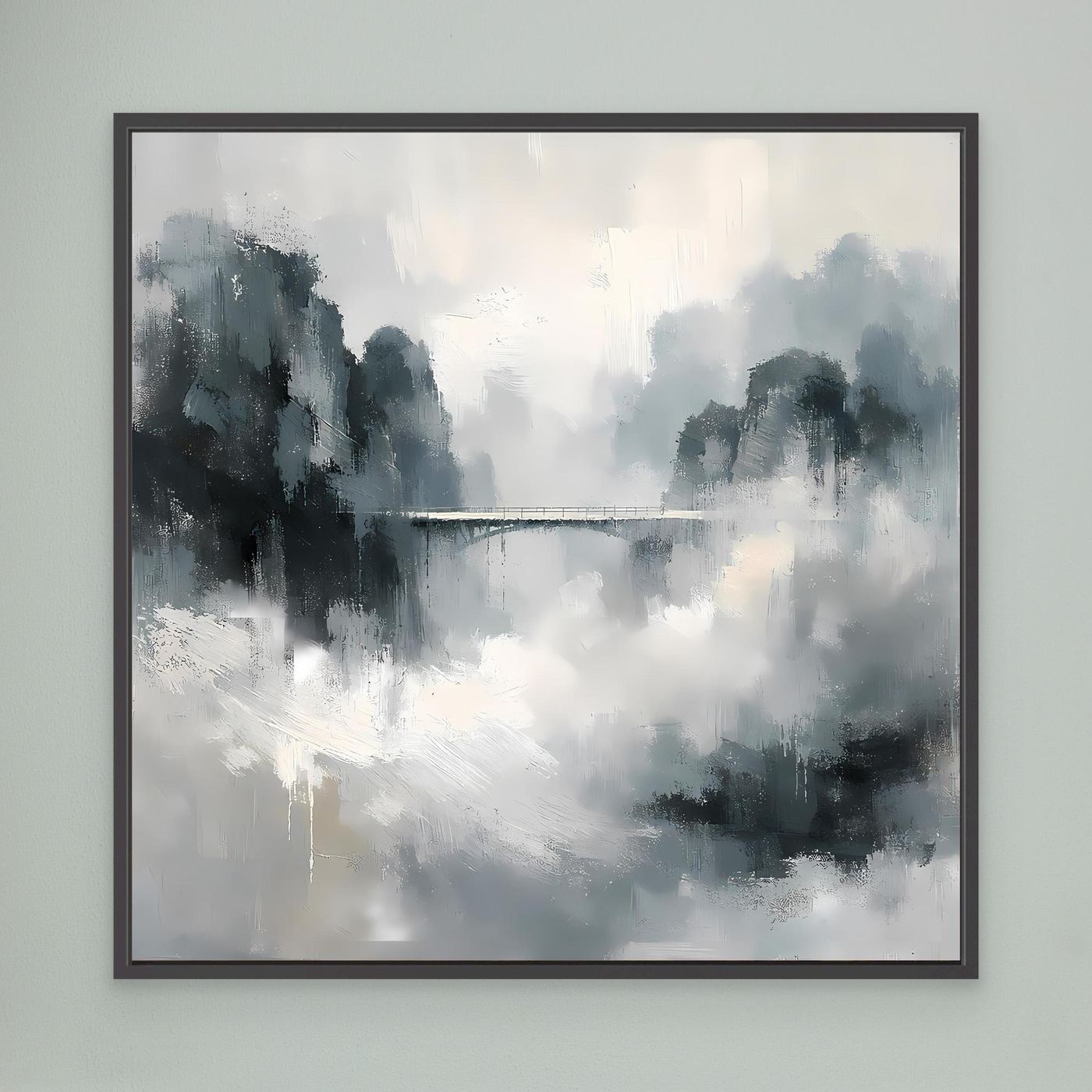 Leinwand Mystische Bergbrücke im Nebel | Abstraktes Natur Wandbild Grau