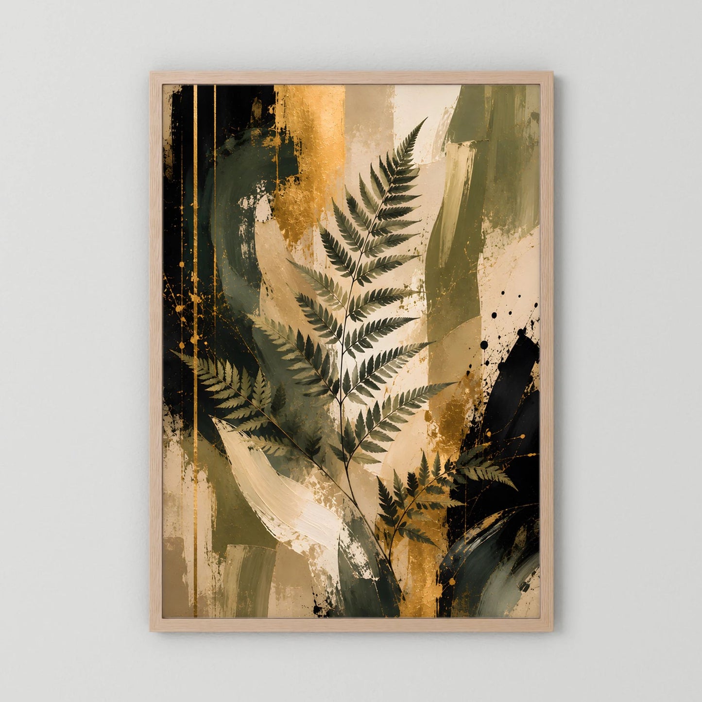 Abstraktes Farn-Kunstposter mit hellem Holzrahmen, grüne Farnblätter und gold-braune Farbflächen