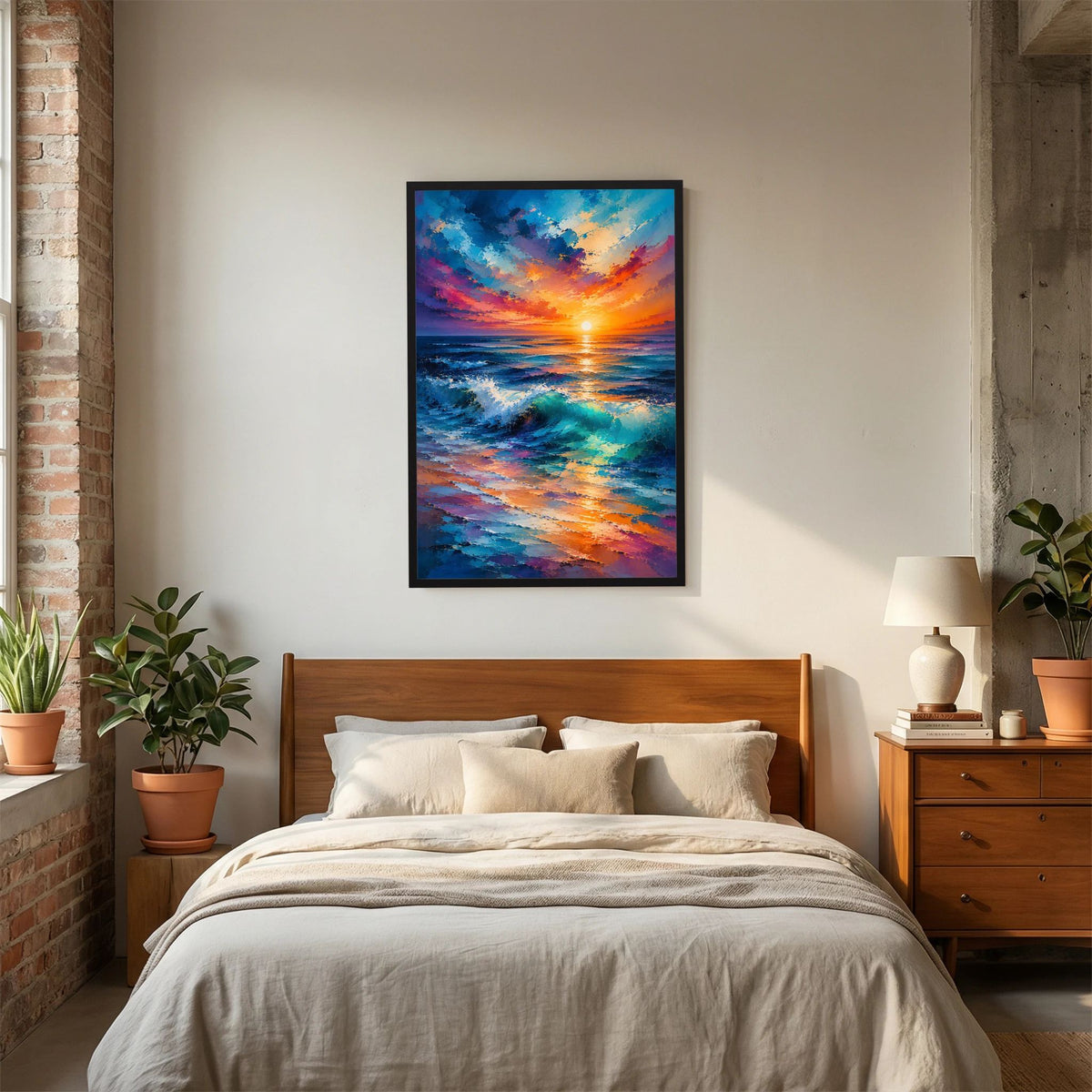 Hochformat-Poster mit Sonnenuntergang am Meer im schwarzen Rahmen, farbige Wellen