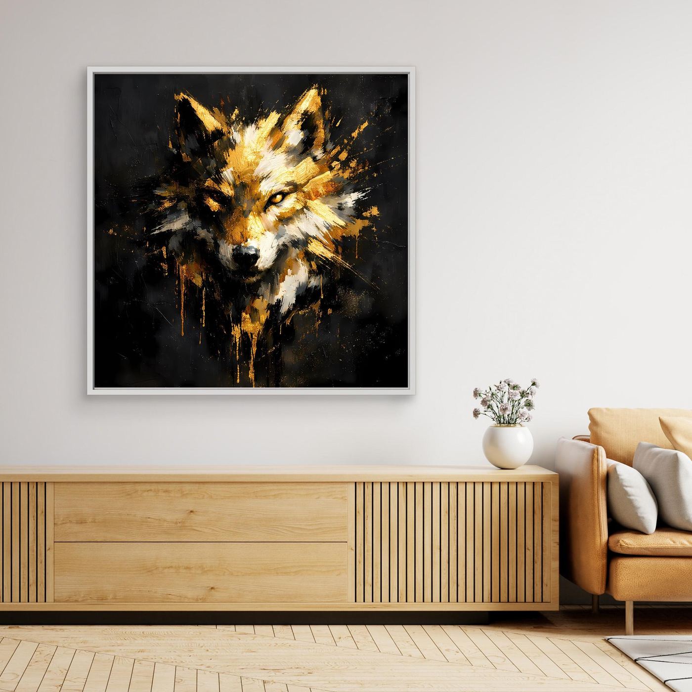 Leinwand Goldener Wolfskopf | Abstraktes Wildtier Wandbild Modern