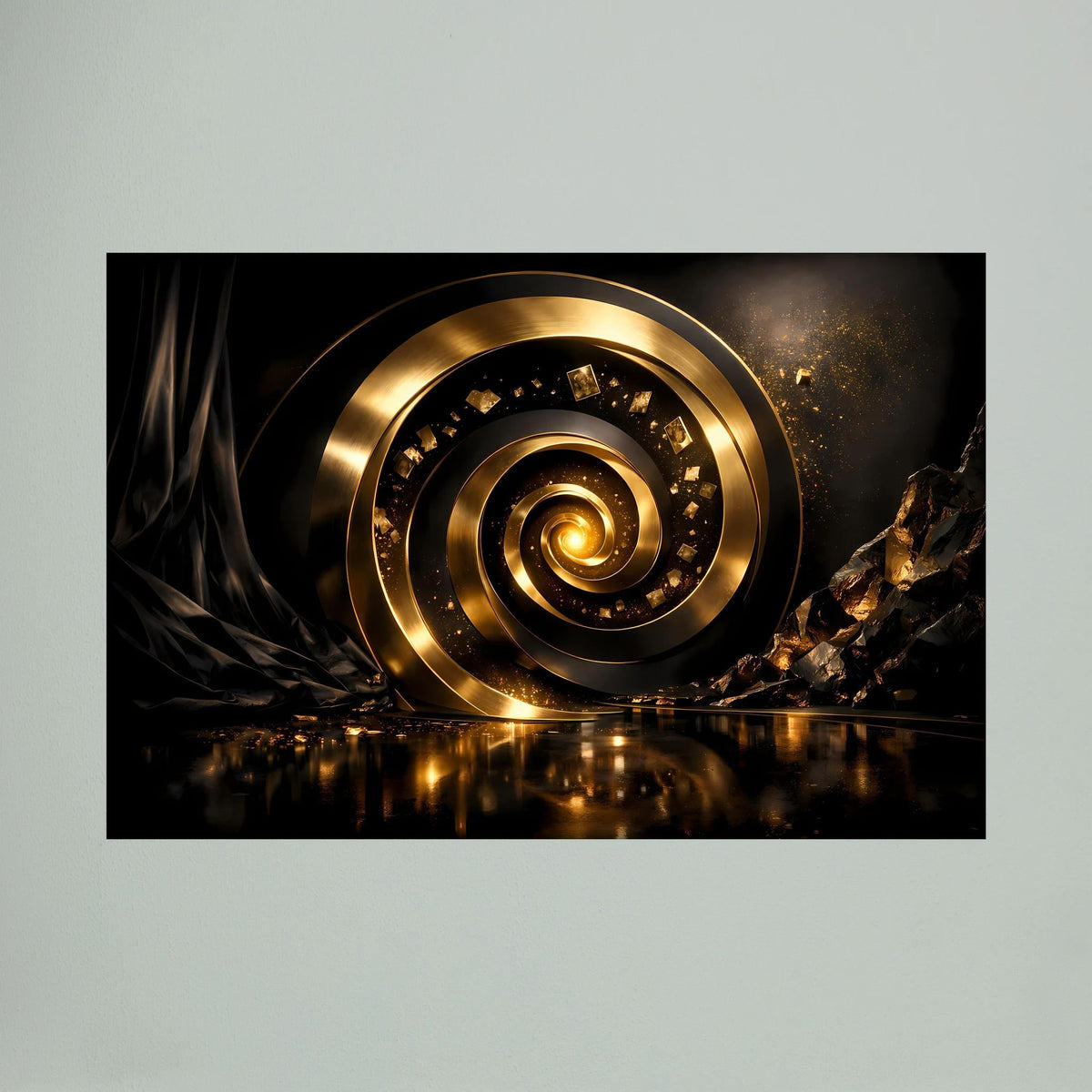 Wandbild-Detail mit goldener 3D-Spirale, dunklem Hintergrund und goldenen Sprenkeln