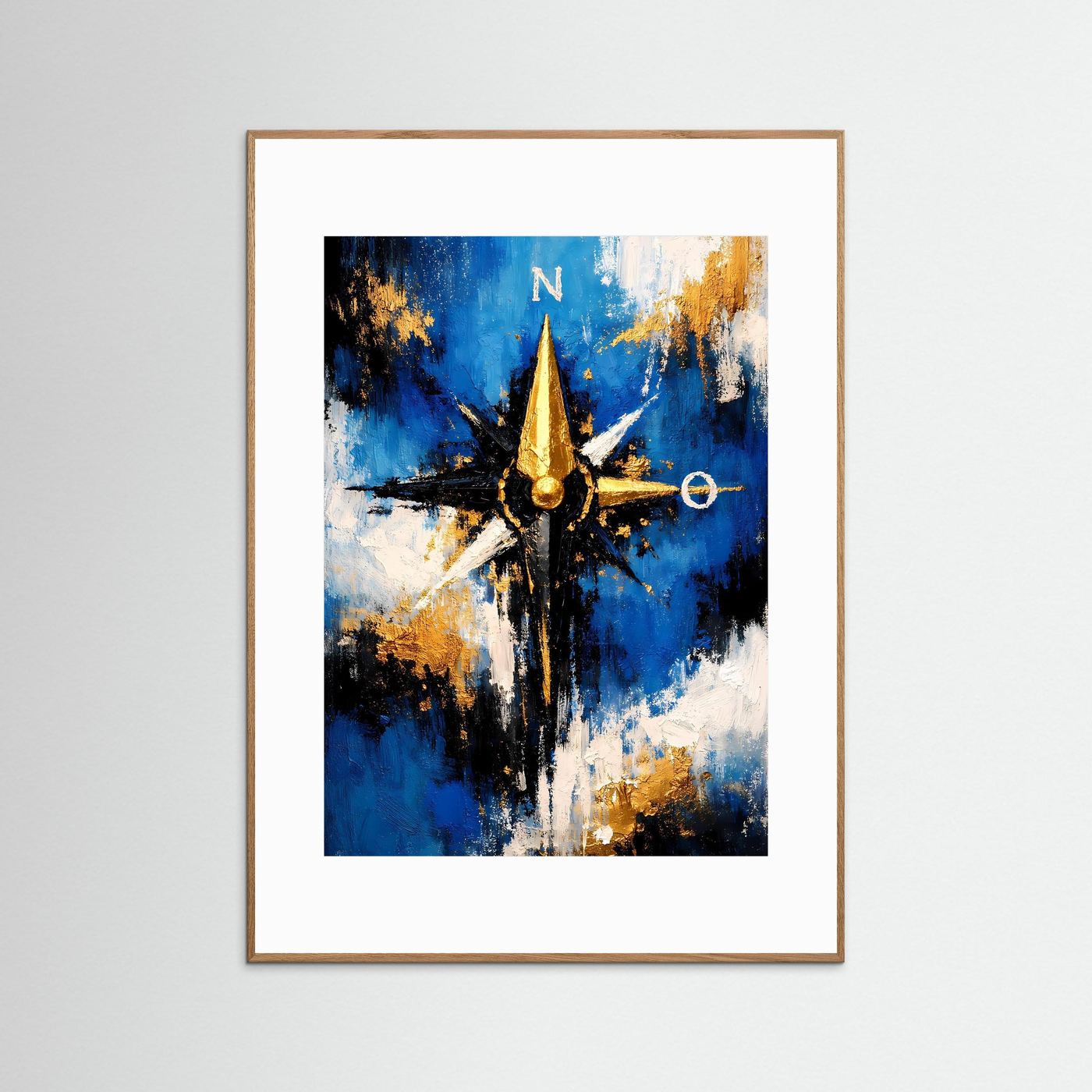 Hochformatiges Kunstposter mit goldener Kompassrose, blau-abstraktem Motiv, brauner Holzrahmen