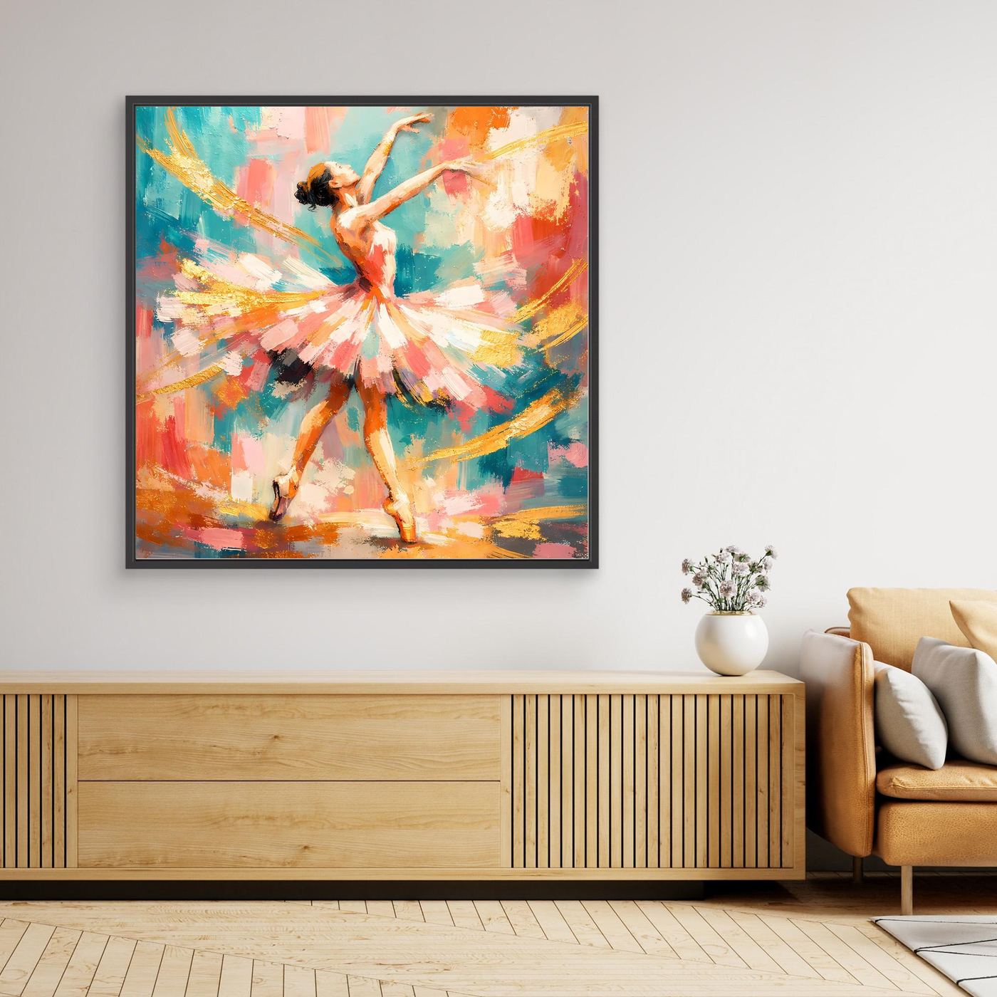 Leinwandbild mit abstrakter Ballerina, bunte Farben, schwarzer Rahmen