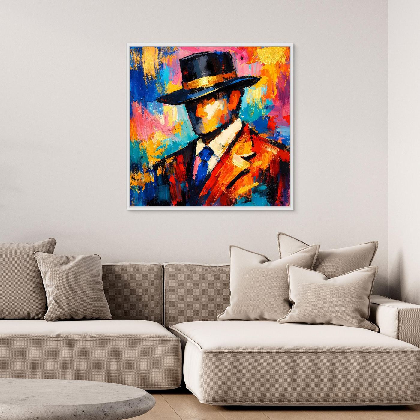 Leinwandbild: abstraktes Portrait eines eleganten Mannes mit Zylinder, farbig, schwarzer Rahmen