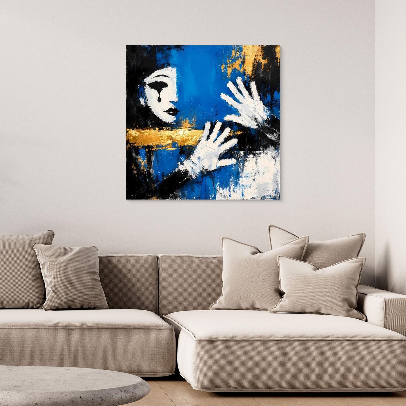 Leinwand Melancholischer Mime in Blau | Abstraktes Pierrot Wandbild Gold