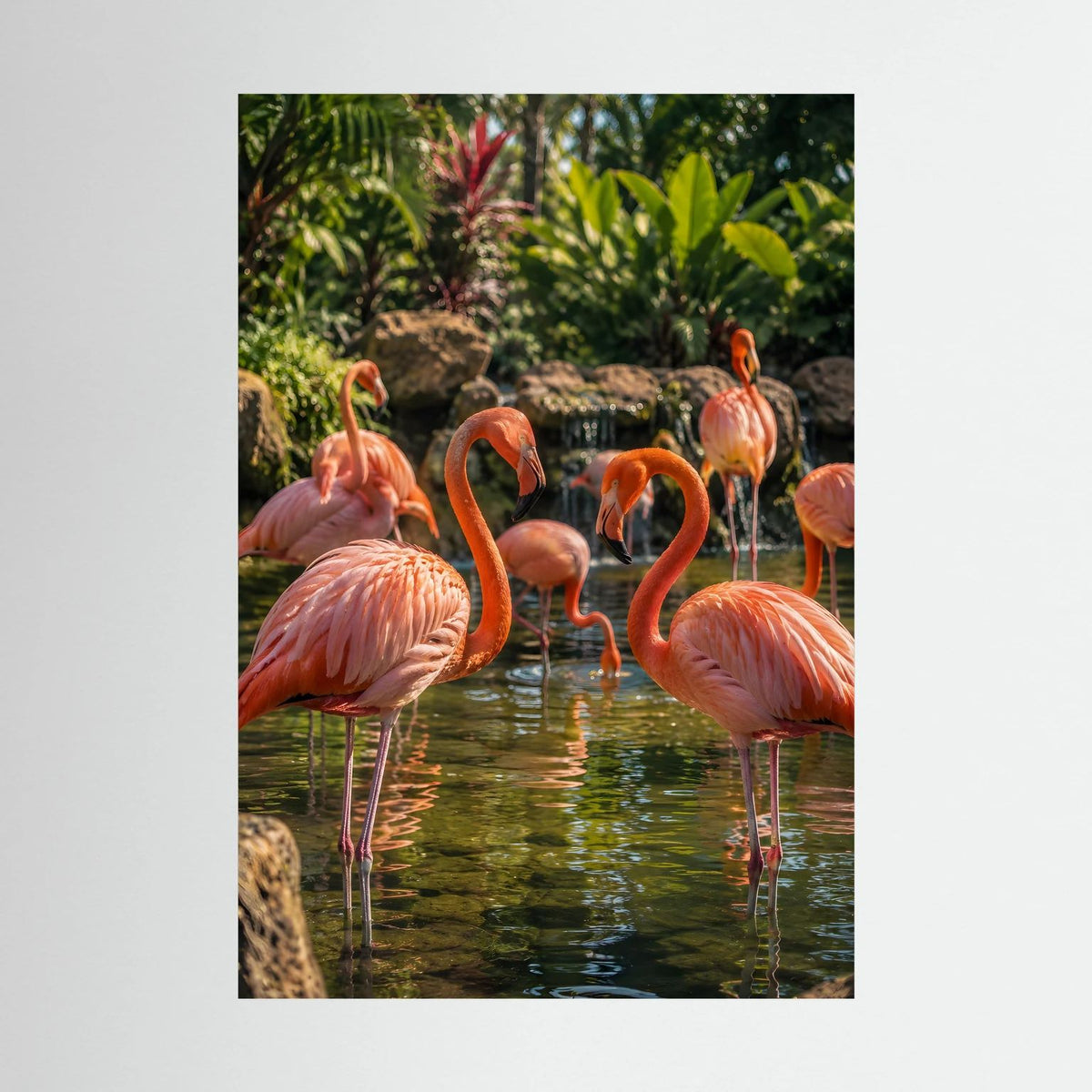 Hochformat-Poster mit mehreren rosa Flamingos im Wasser vor tropischem Grün