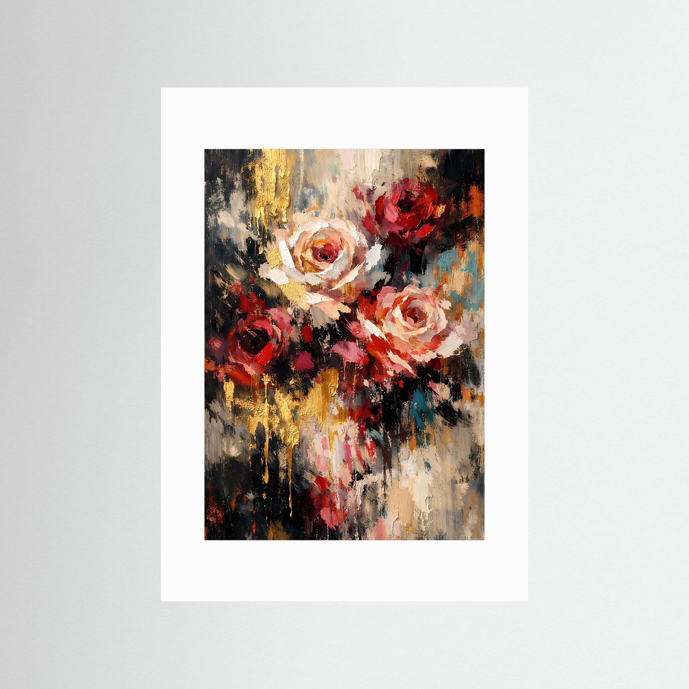 Hochformatiges Rosen-Kunstposter mit weißem Passepartout, abstrakte Rosen in Rot und Creme