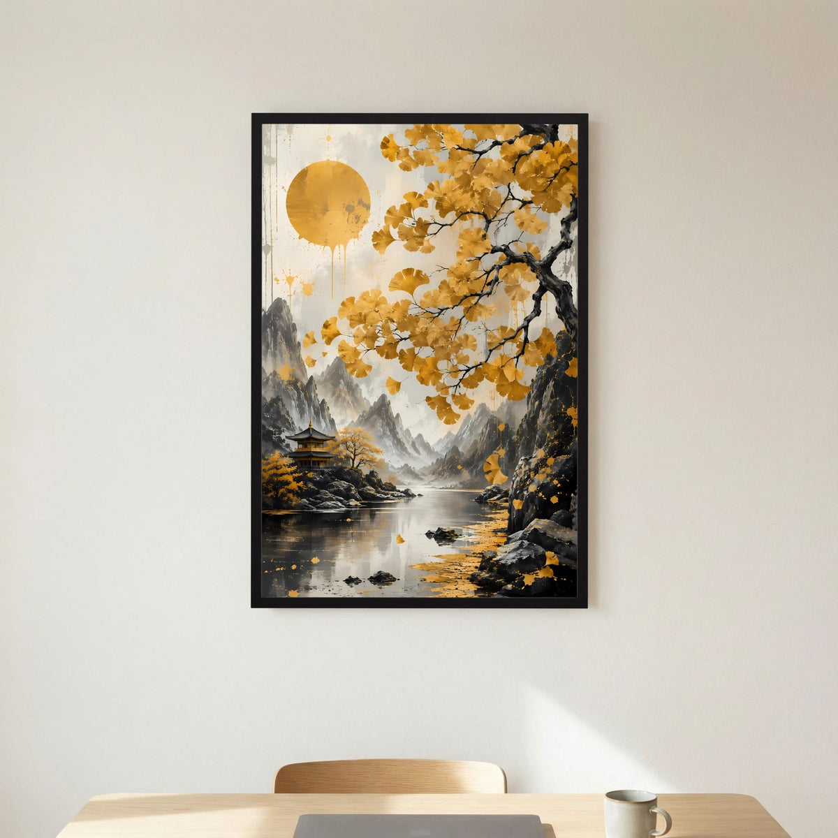 Hochformat-Poster mit goldenem Blütenbaum, See und Tempel, schwarz gerahmt