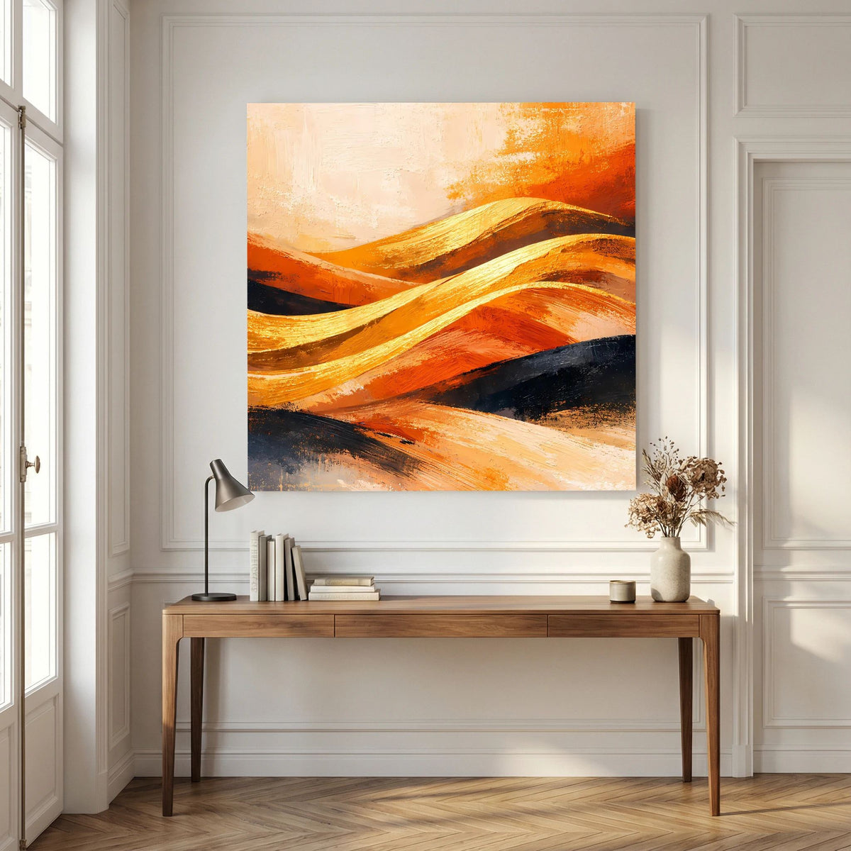 Abstraktes Wandbild mit geschwungenen Dünenbändern in Orange, Gold und Beige