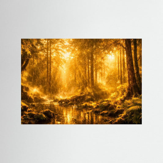 Wandposter mit goldener Waldlandschaft und Fluss, ohne sichtbaren Rahmen