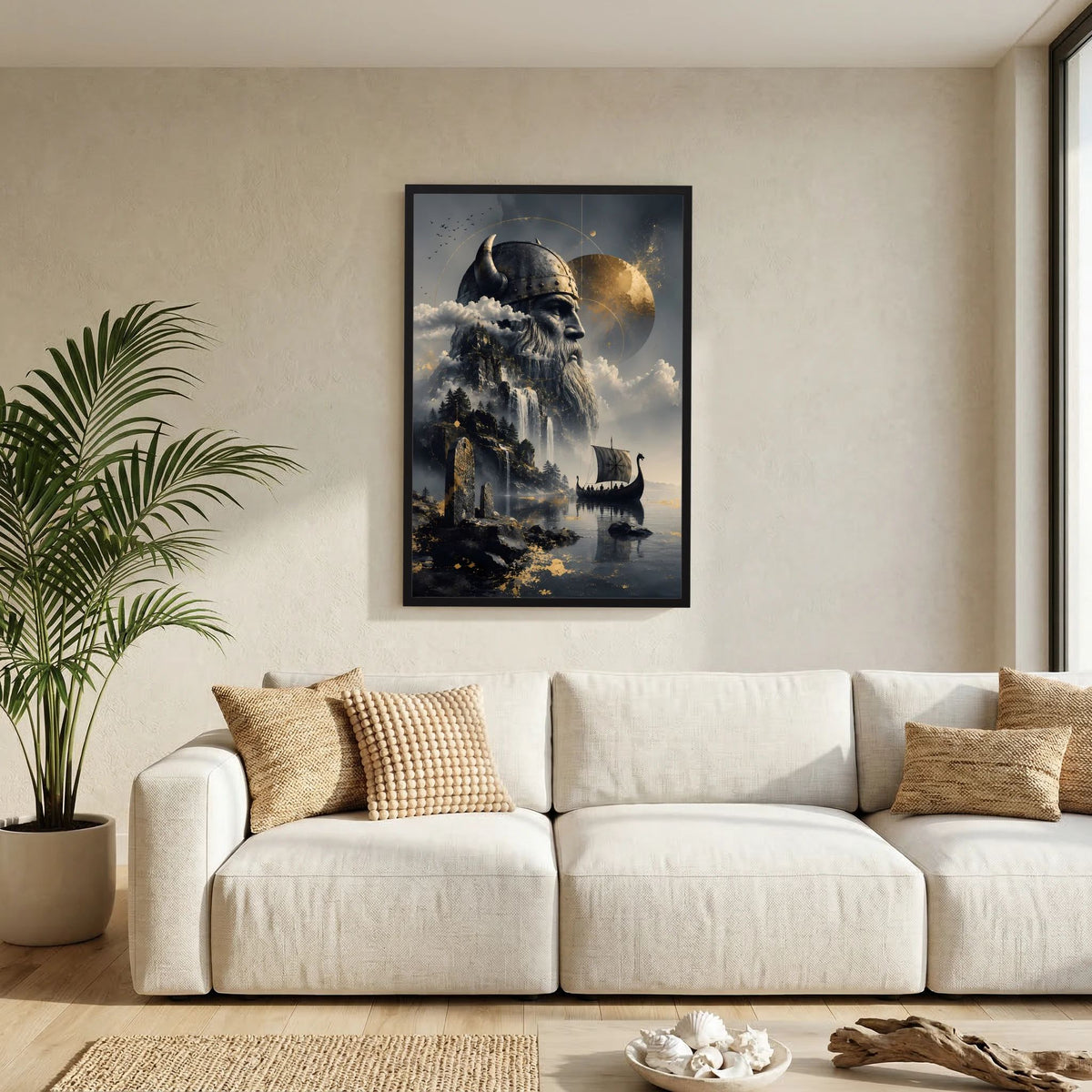 Hochformatiges Poster mit Wikingerkriegerkopf, Wasserfall und Langschiff im Fjord, gerahmt