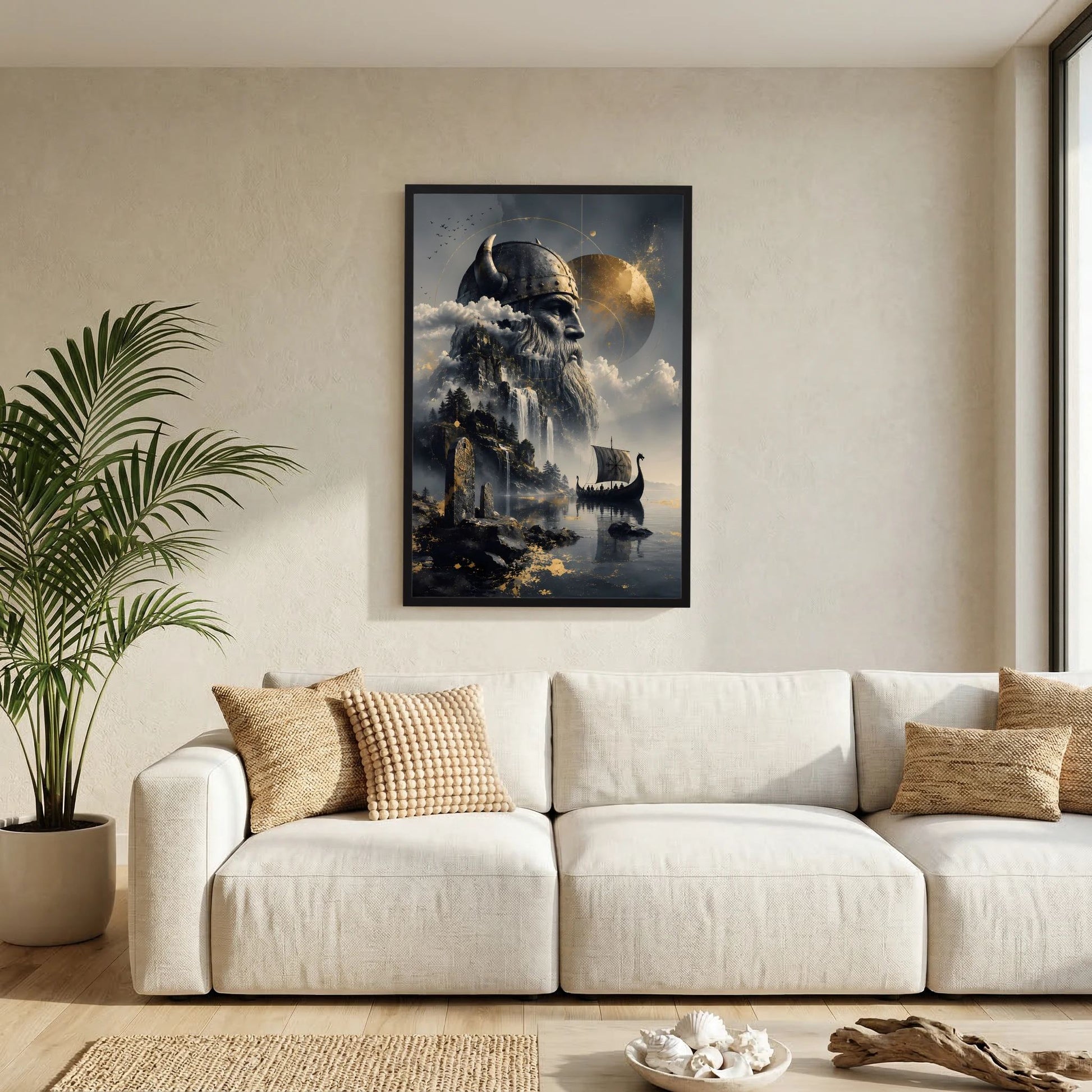 Hochformatiges Poster mit Wikingerkriegerkopf, Wasserfall und Langschiff im Fjord, gerahmt